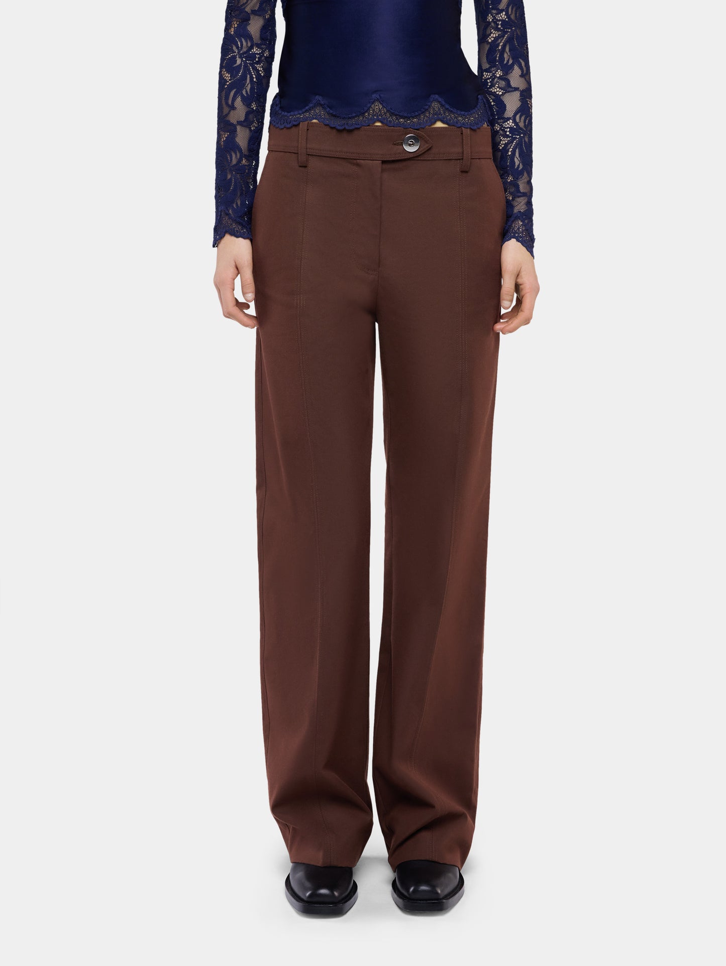 Straight tailored trousers in brown cotton and wool