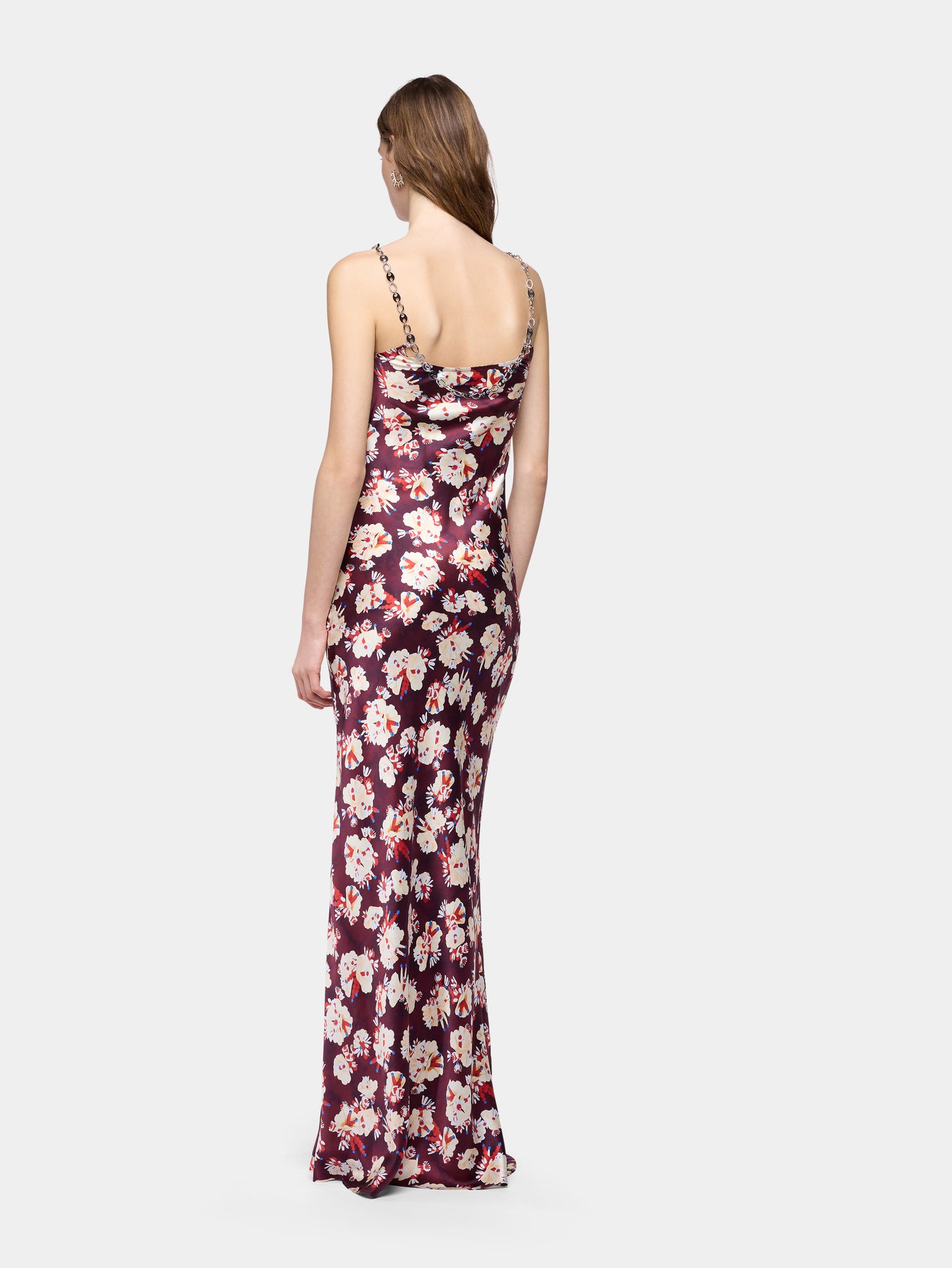 Robe longue magenta à motif floral en satin de soie