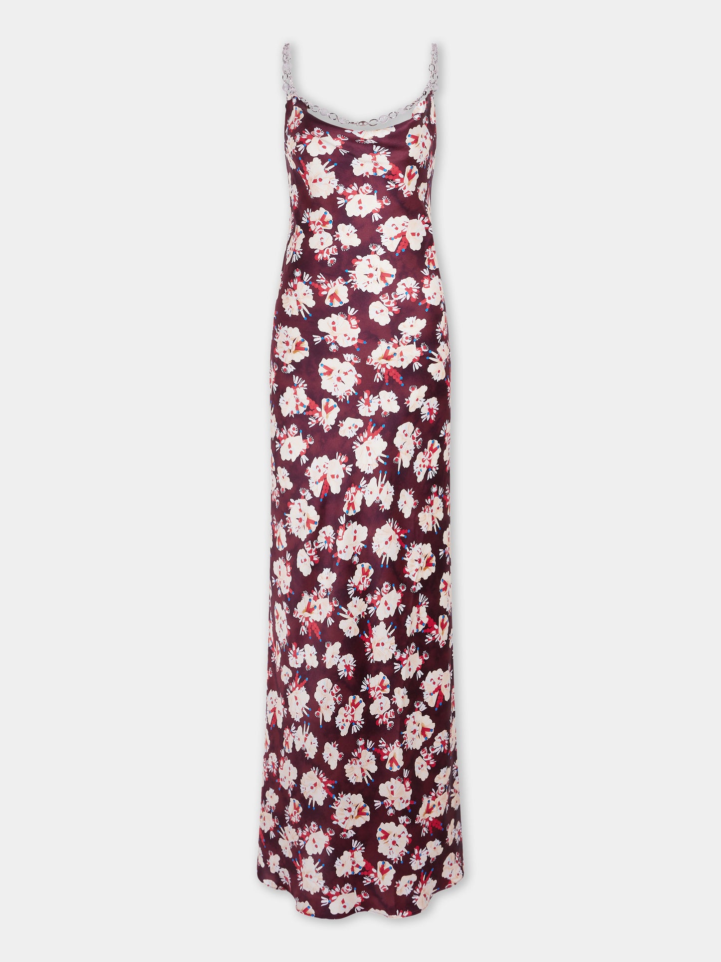 Robe longue magenta à motif floral en satin de soie