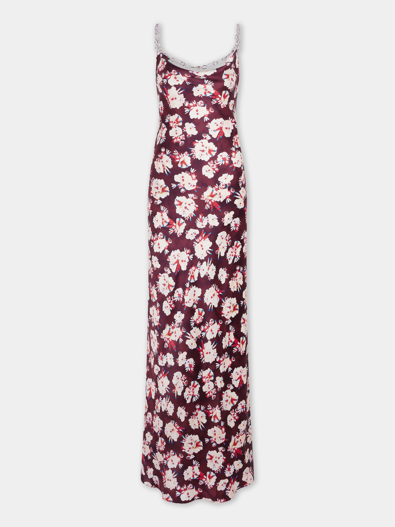 Robe longue magenta à motif floral en satin de soie - Image 1