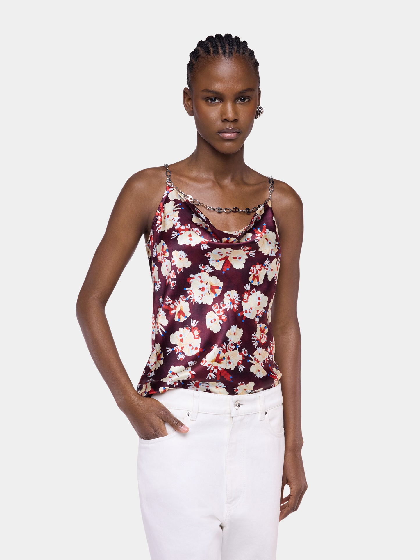 Top magenta à motif floral en satin de soie