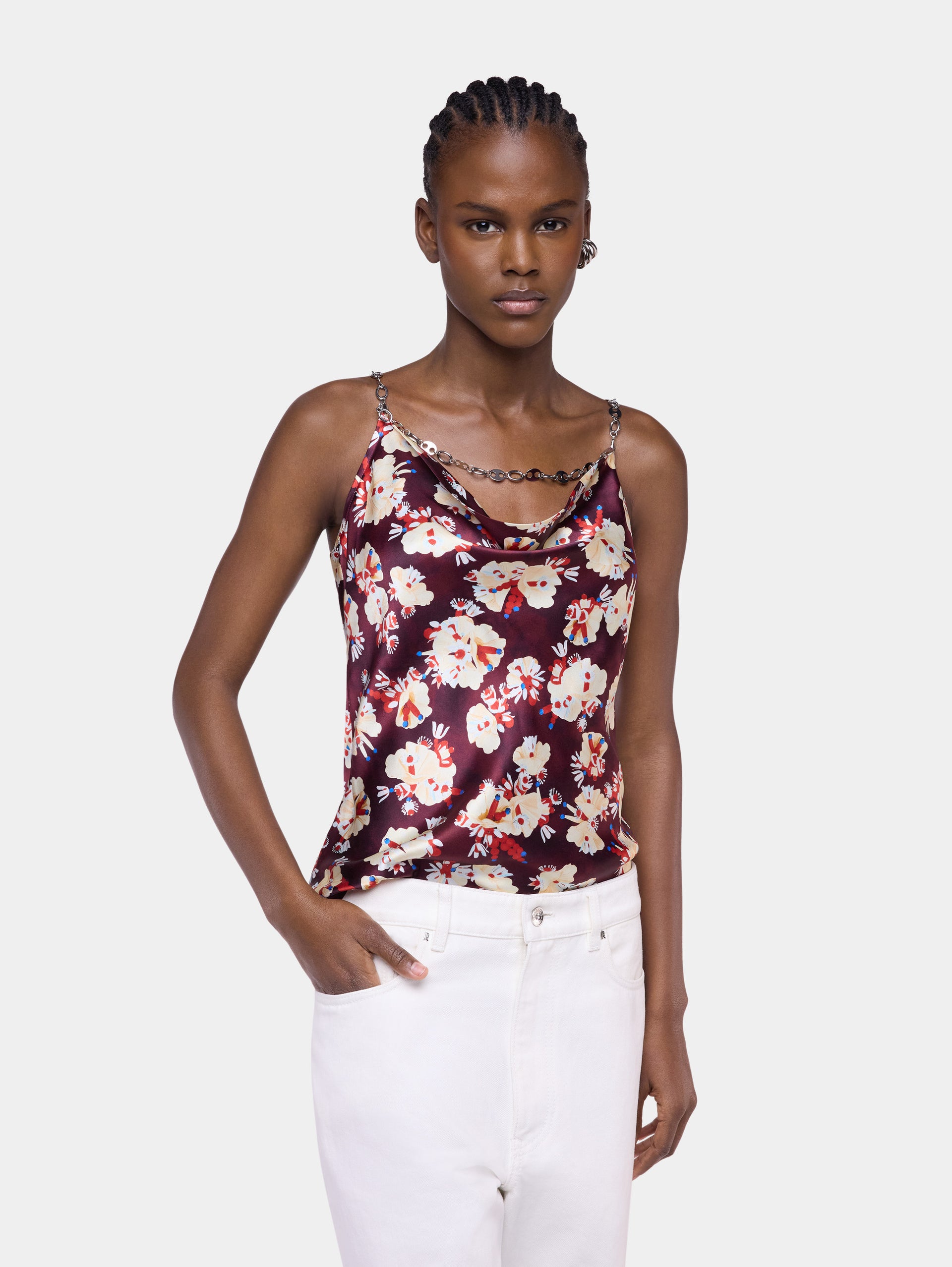 Top magenta à motif floral en satin de soie