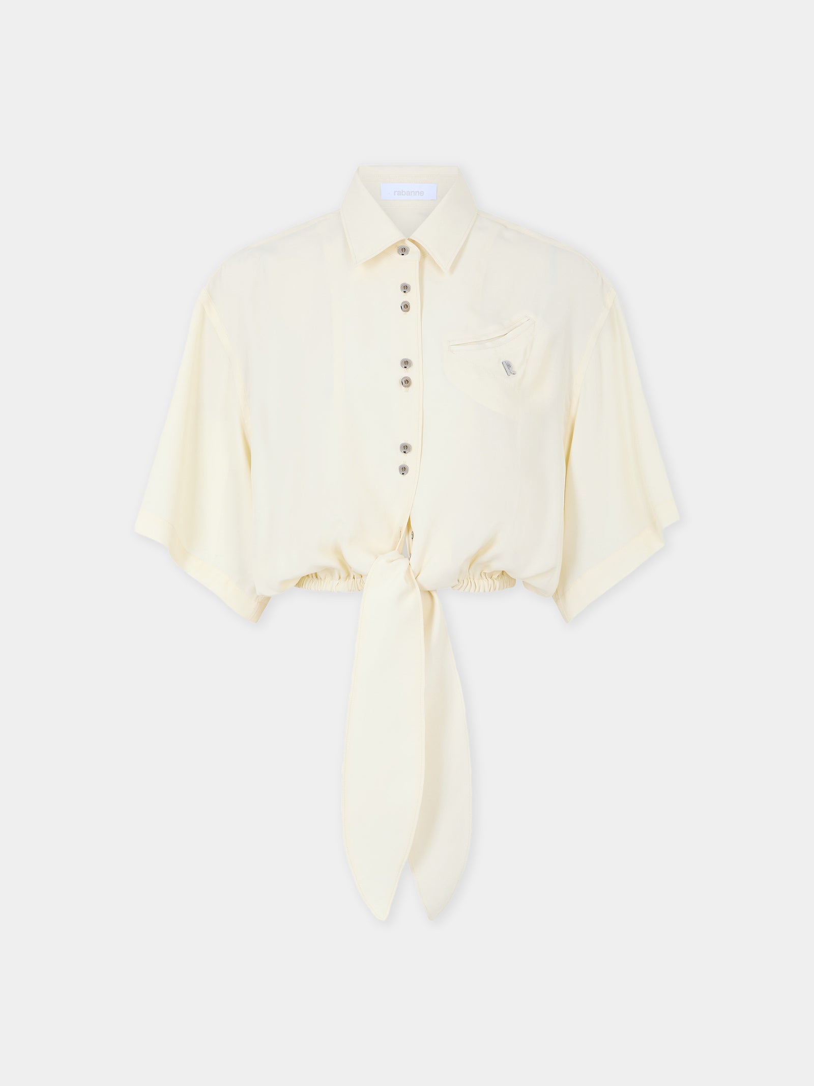 Crop top chemise en crepe de chine crème avec détail de noeud  - Image 1