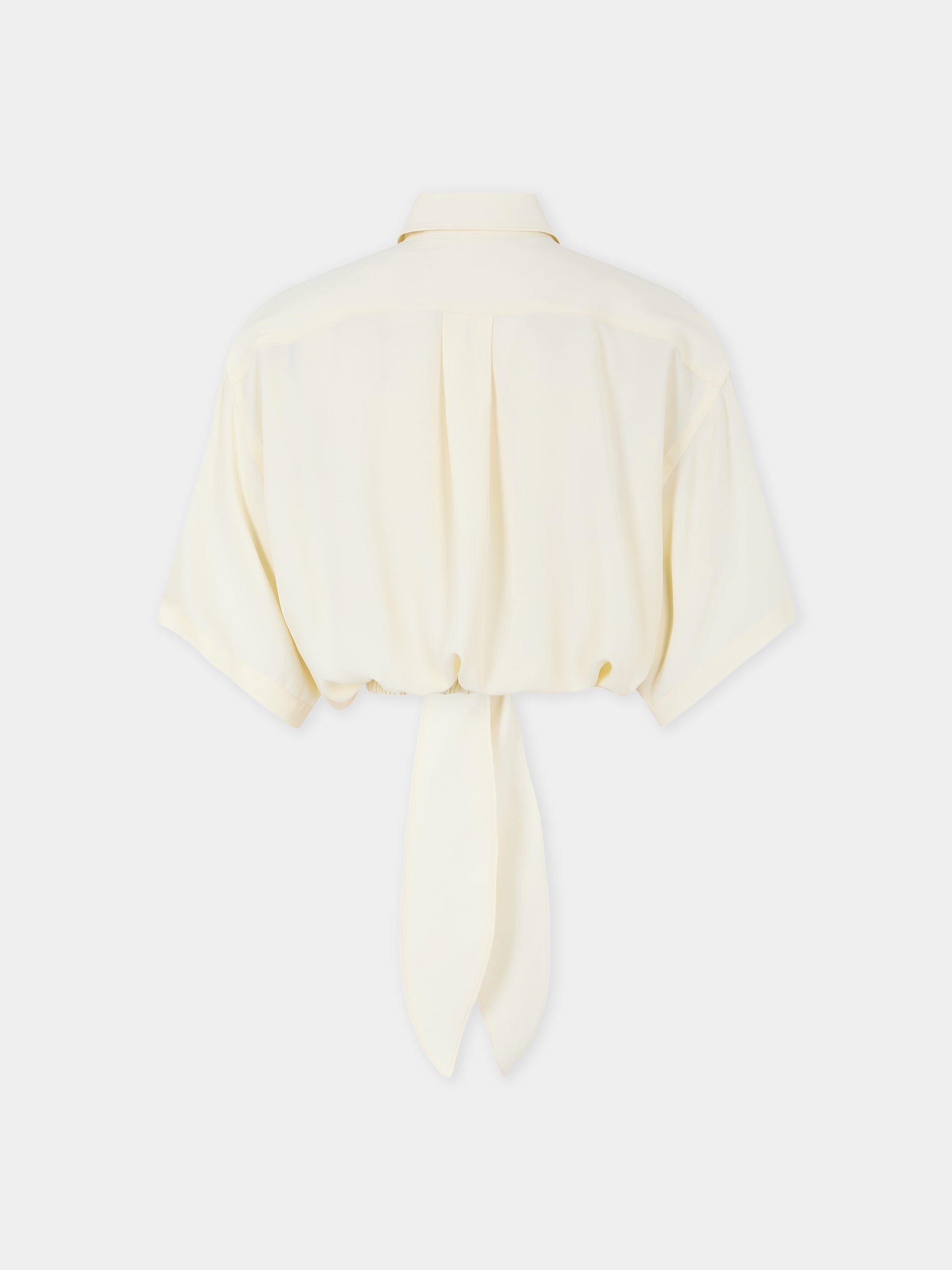 Crop top chemise en crepe de chine crème avec détail de noeud 