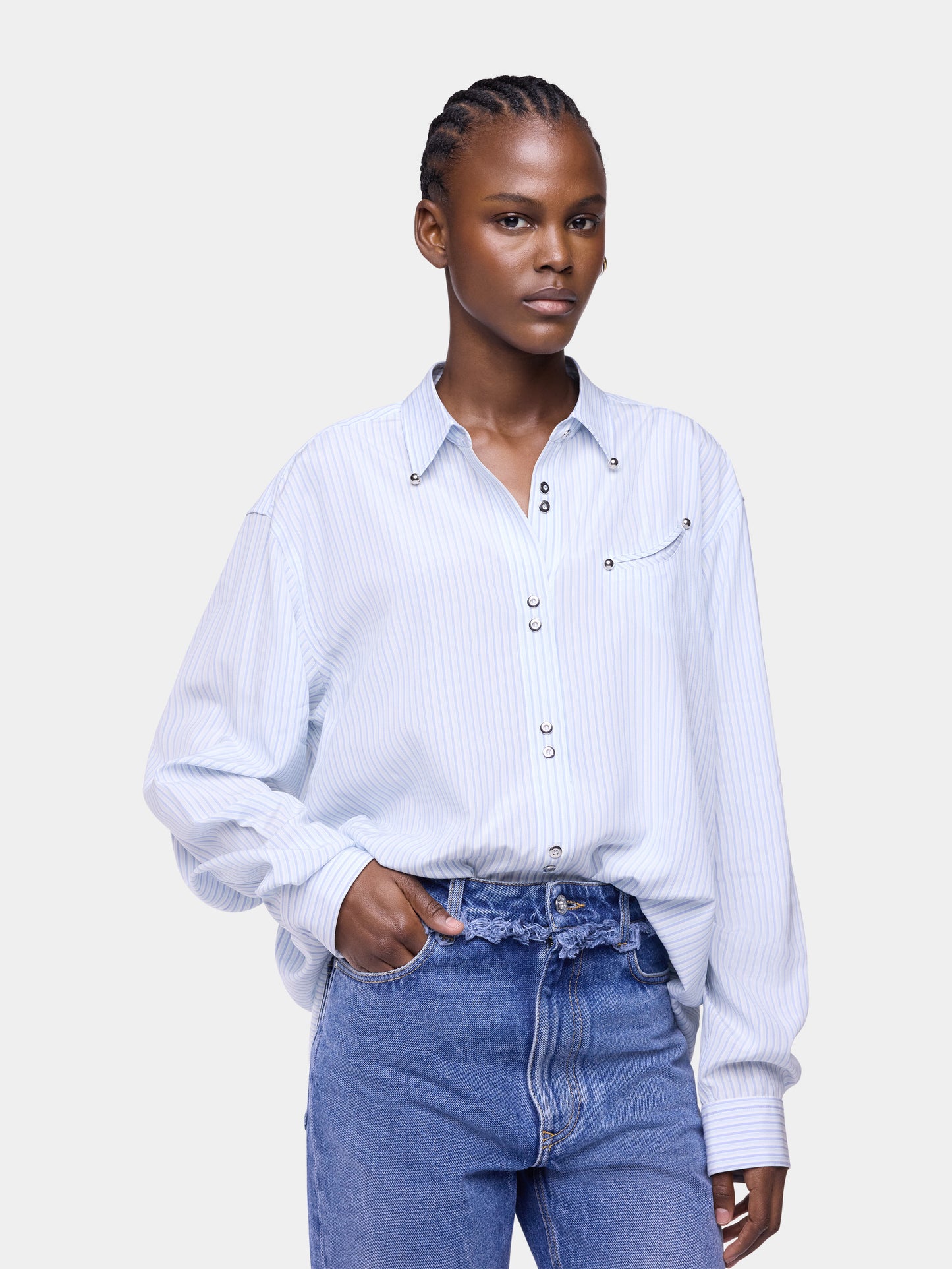 Oversized shirt in striped-printed cotton crepe