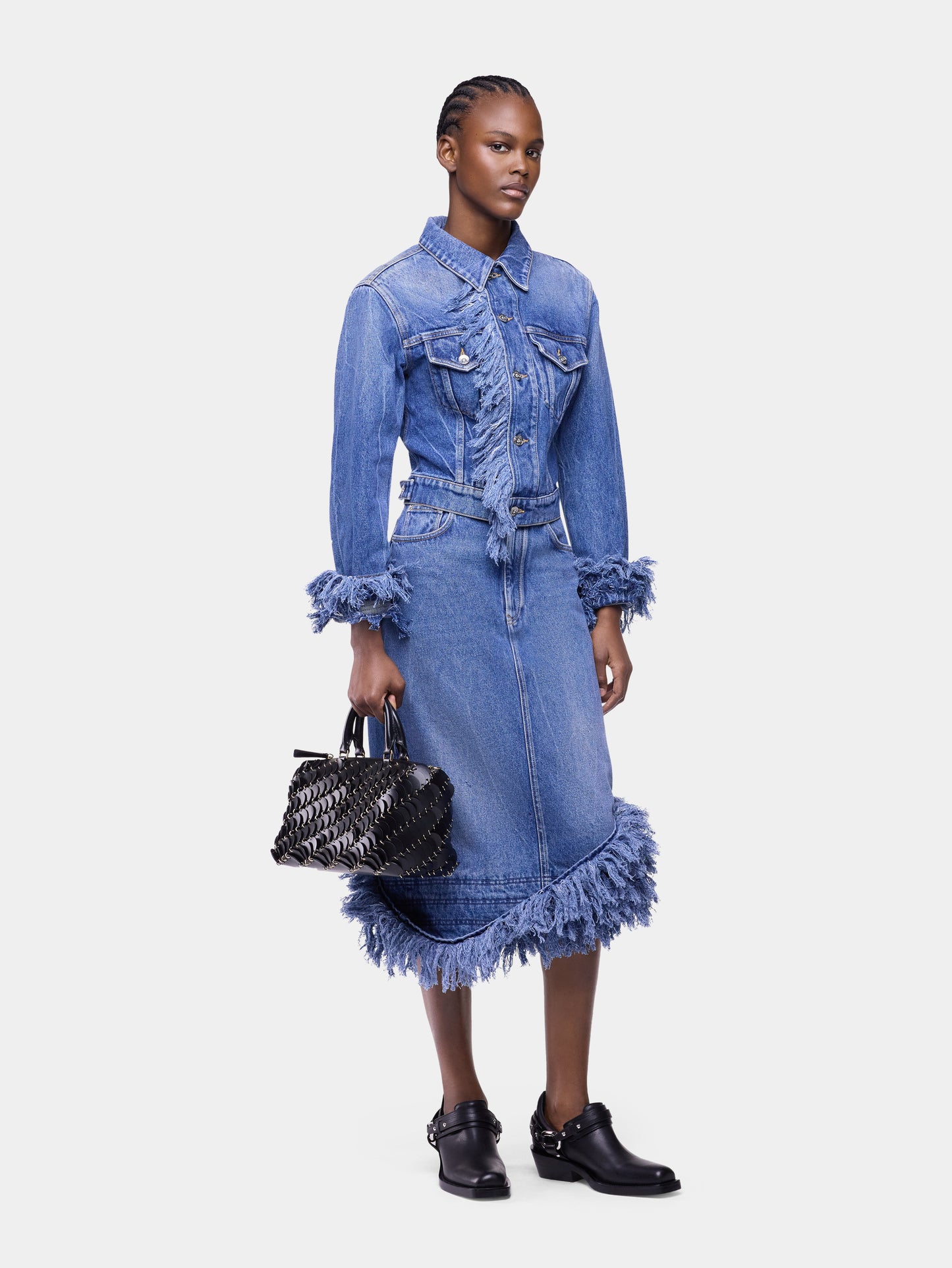 Fitted blue washed denim jacket with fringes