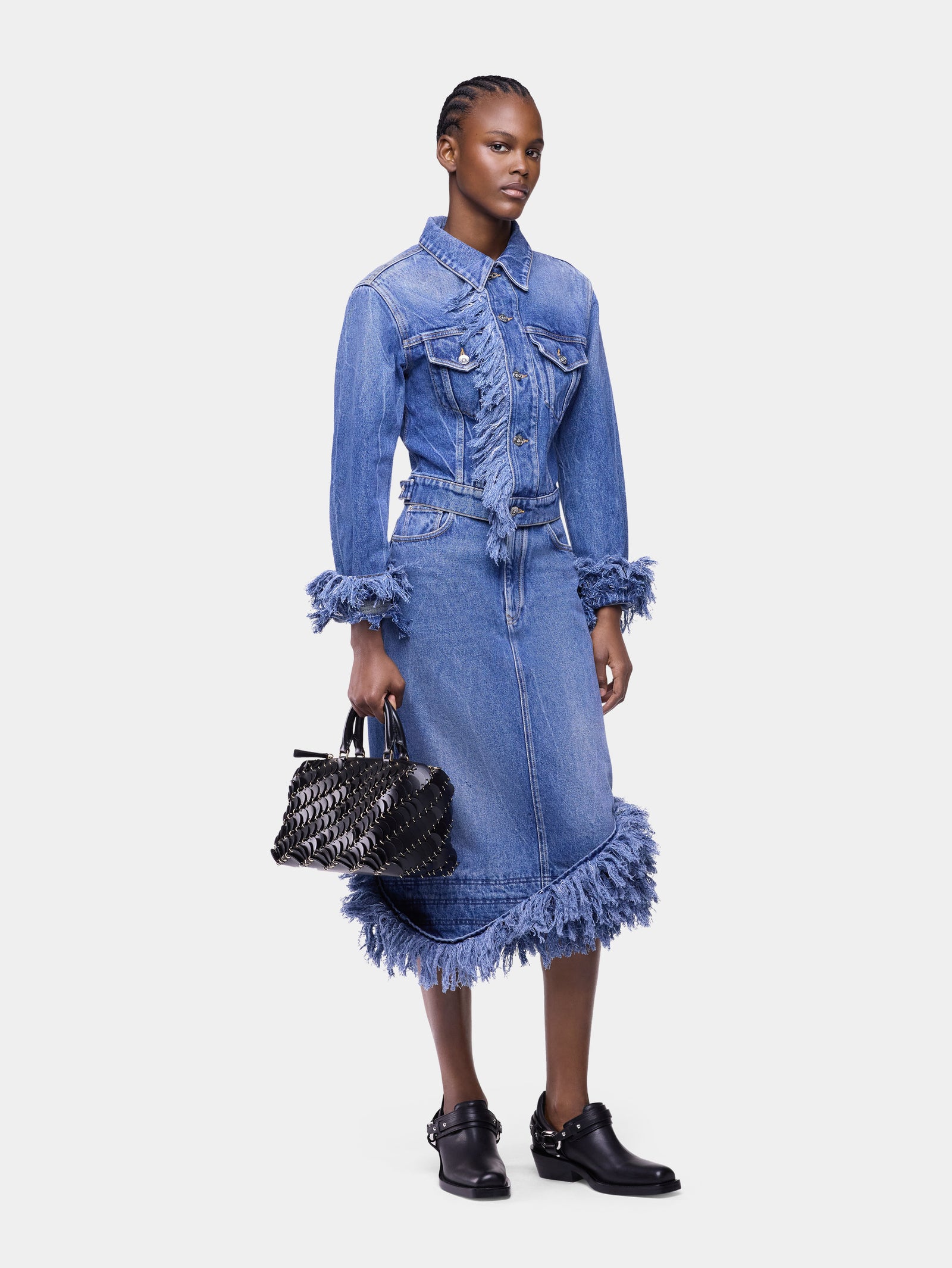 Fitted blue washed denim jacket with fringes - Image 1