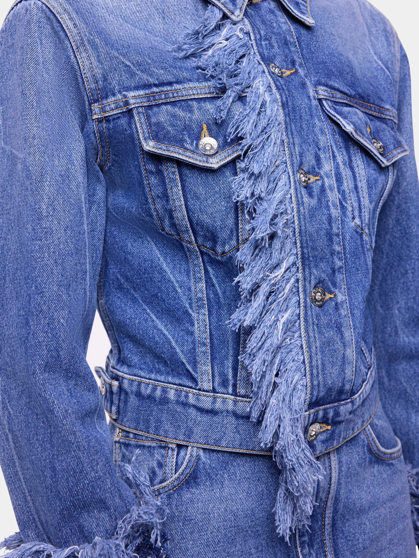 Fitted blue washed denim jacket with fringes