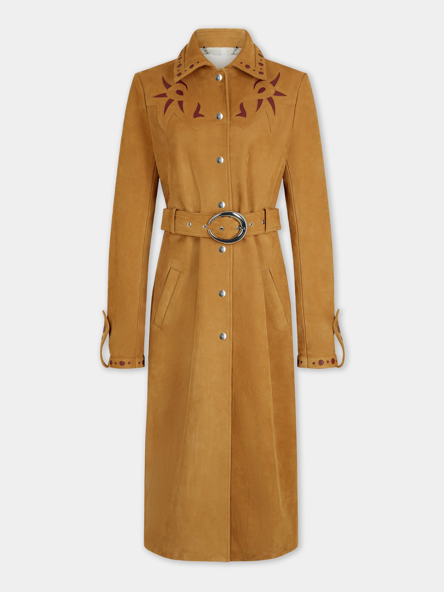 Trench-coat droit en cuir camel avec ornements 