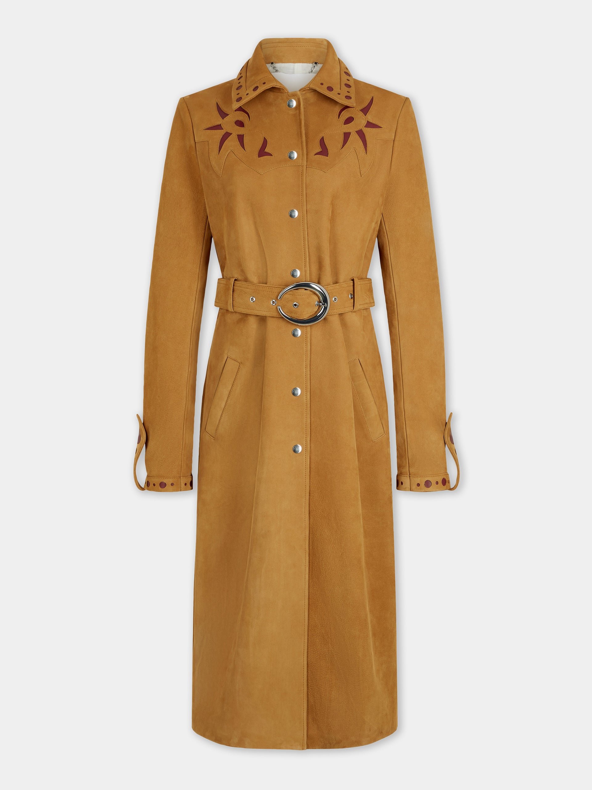 Trench-coat droit en cuir camel avec ornements 