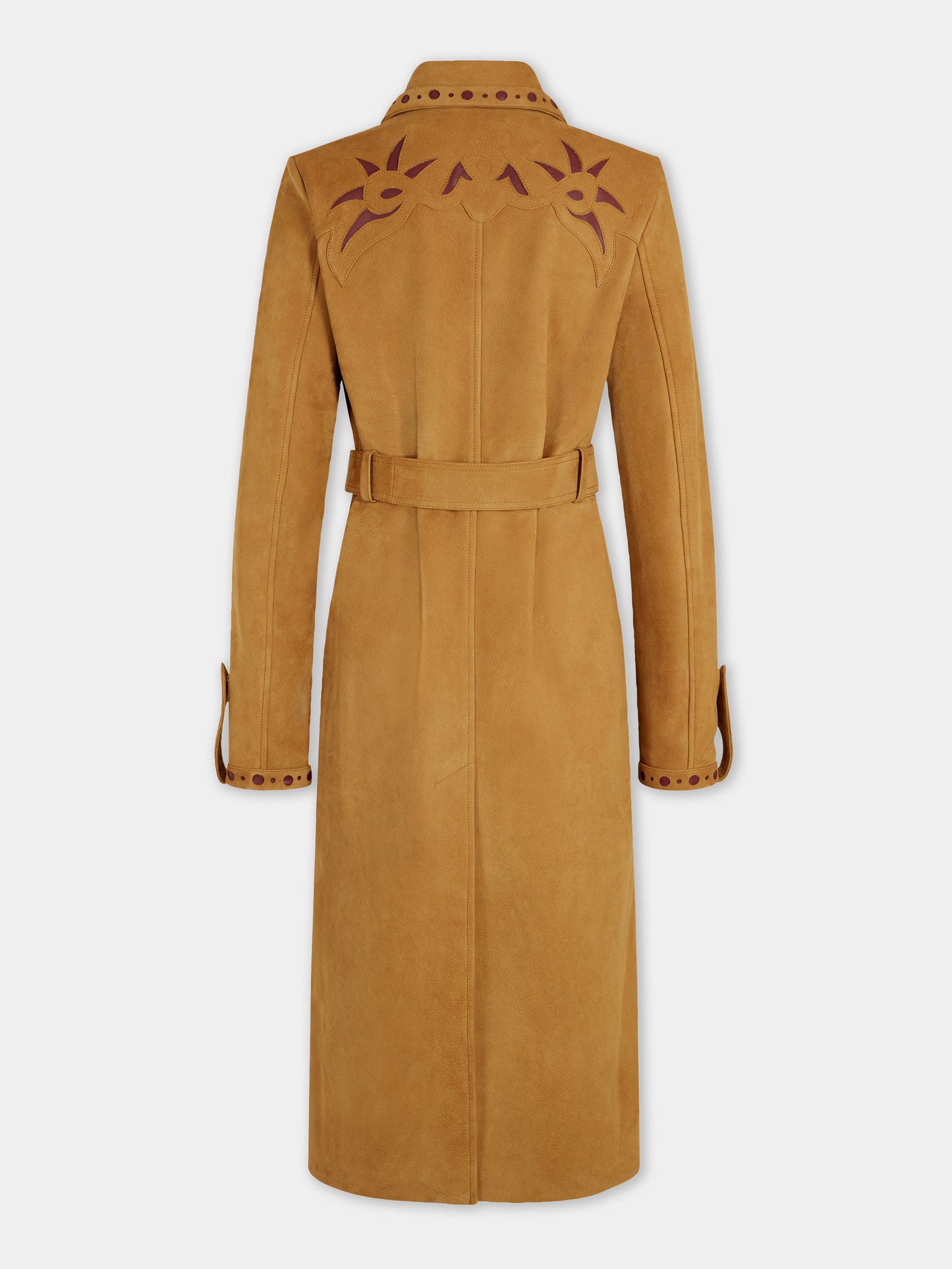 Trench-coat droit en cuir camel avec ornements 