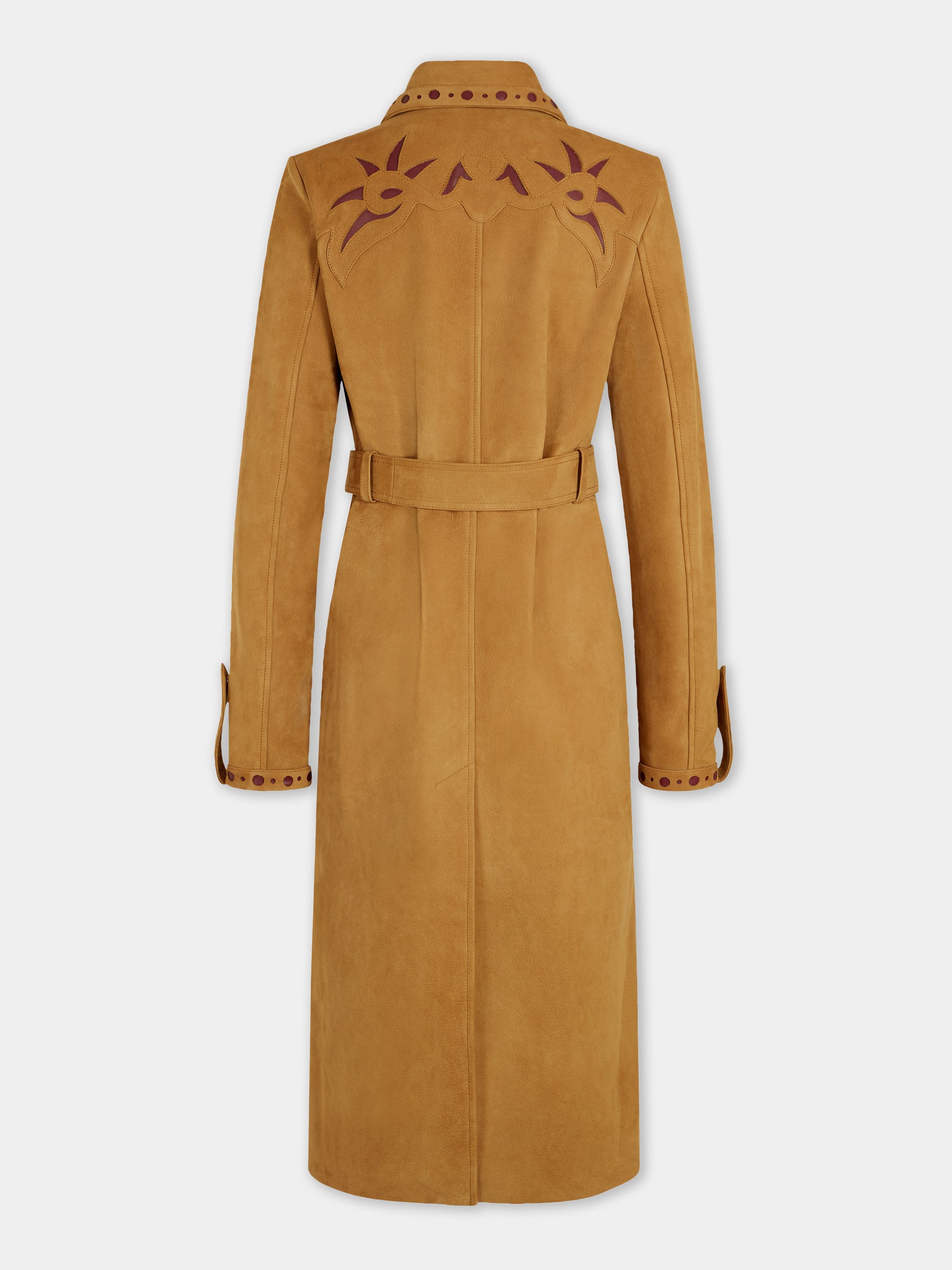 Trench-coat droit en cuir camel avec ornements 