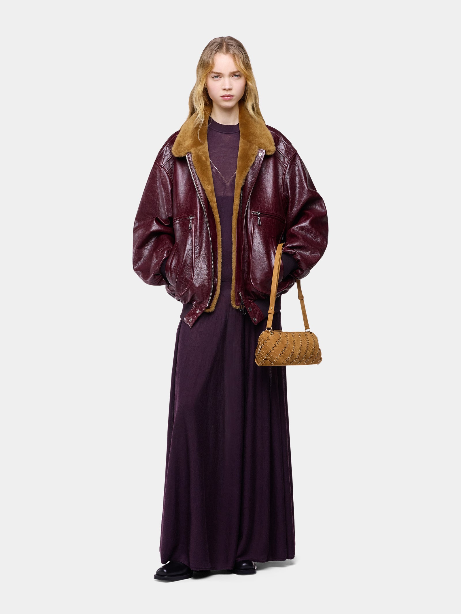 Bomber jacket in burgundy textured leather - Image 2
