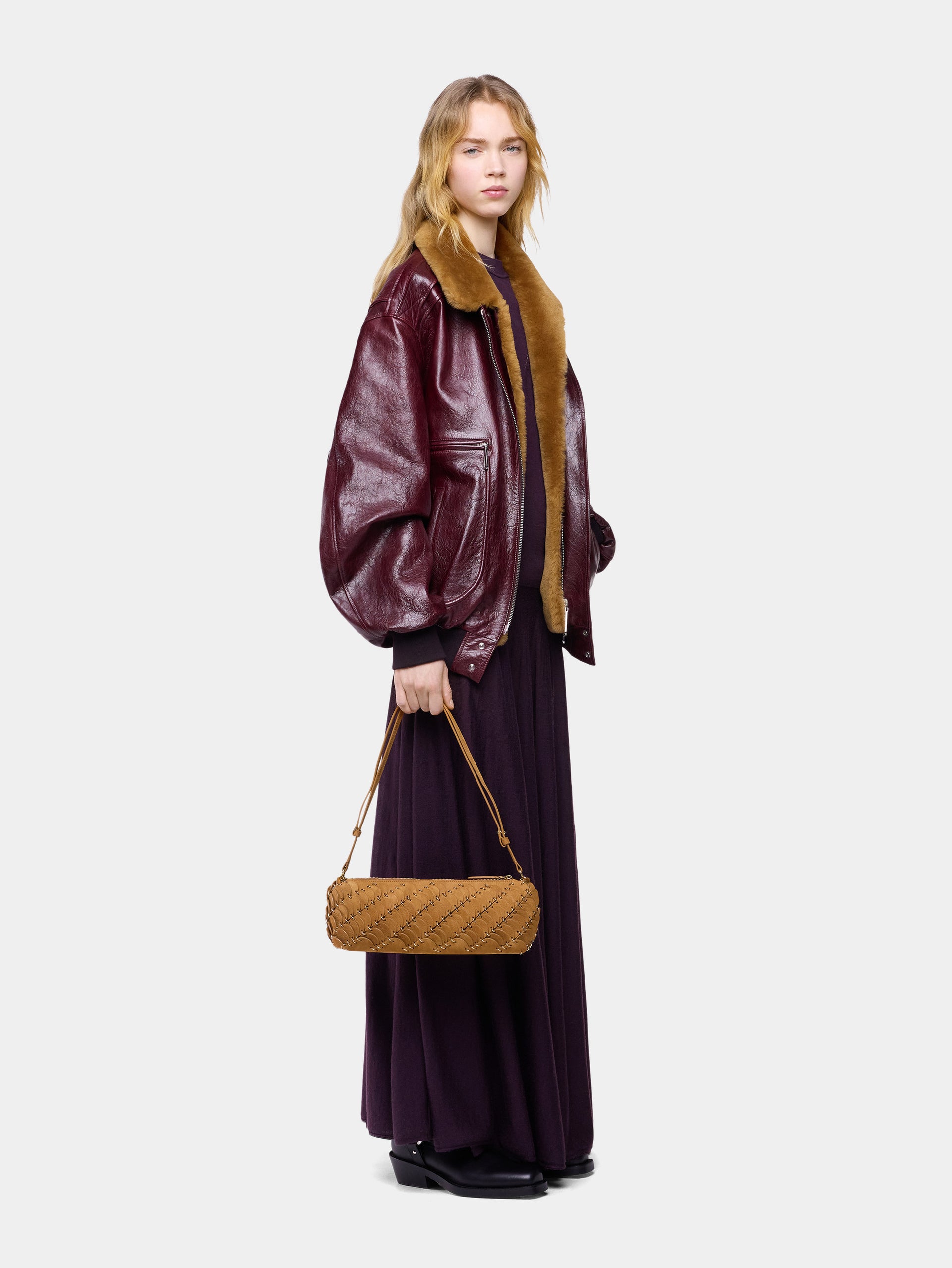 Veste bomber en cuir texturé bordeaux 