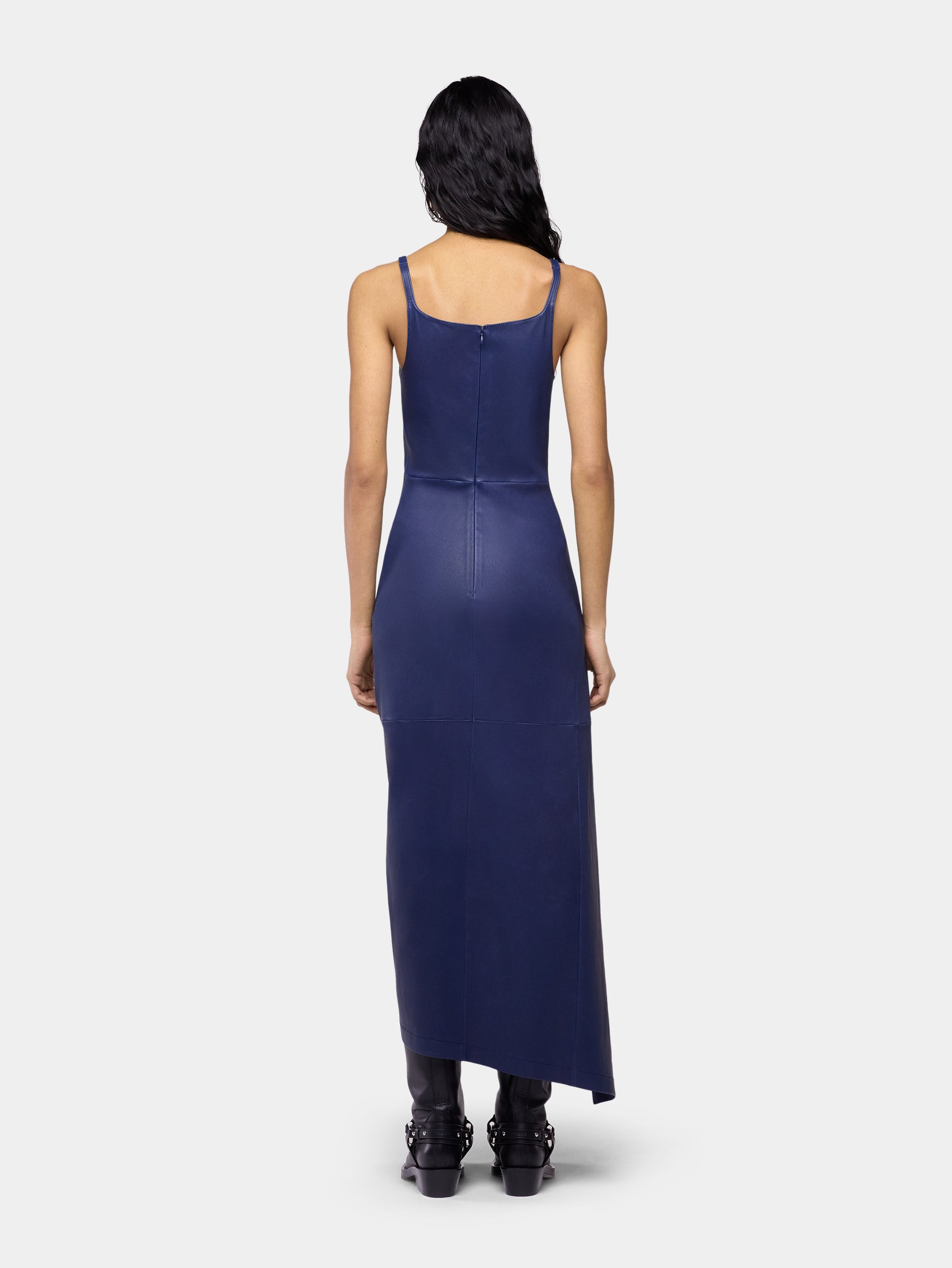 Draped midi dress in navy blue lambskin