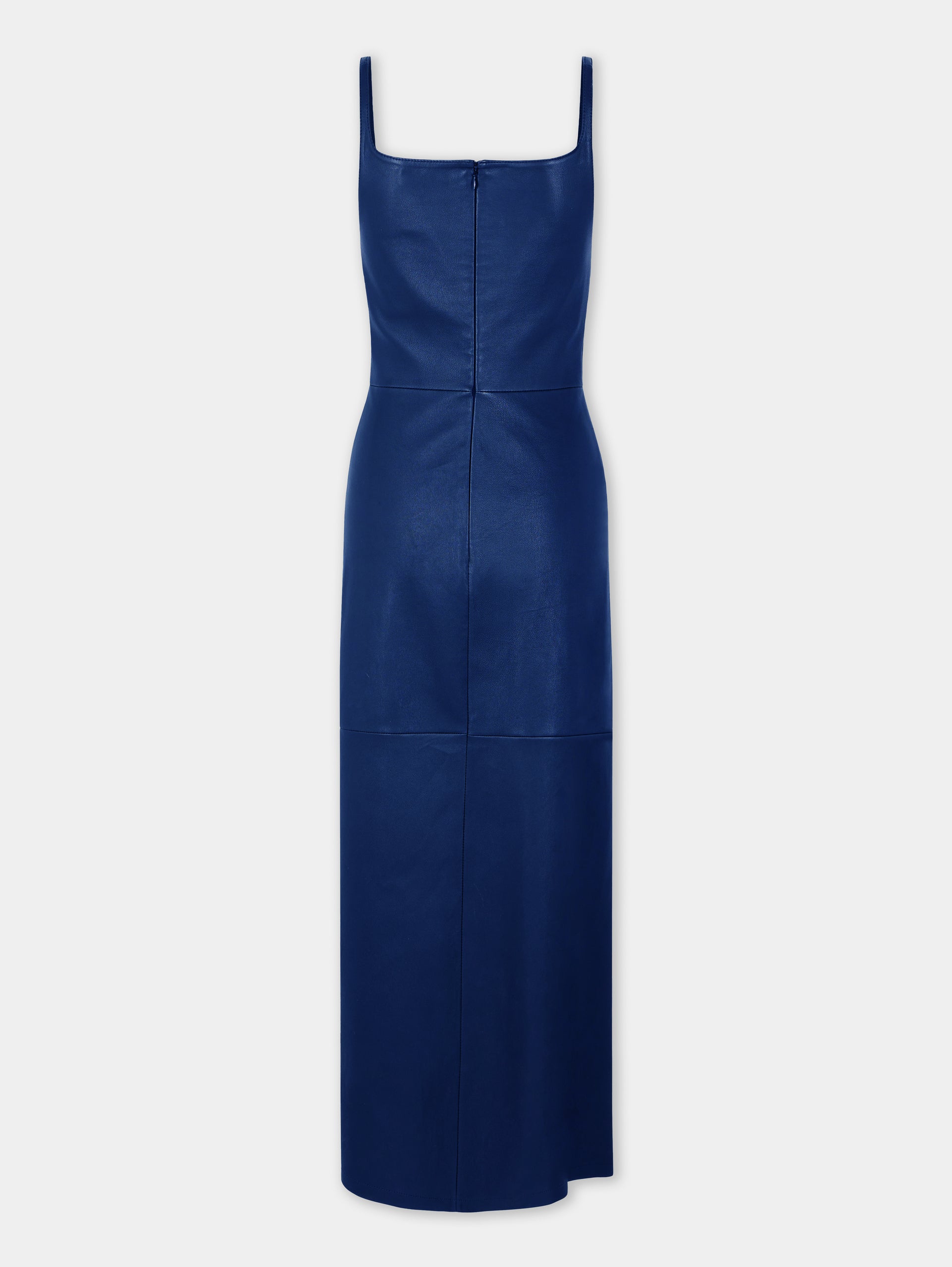 Robe midi drapée en cuir d'agneau bleu marine 