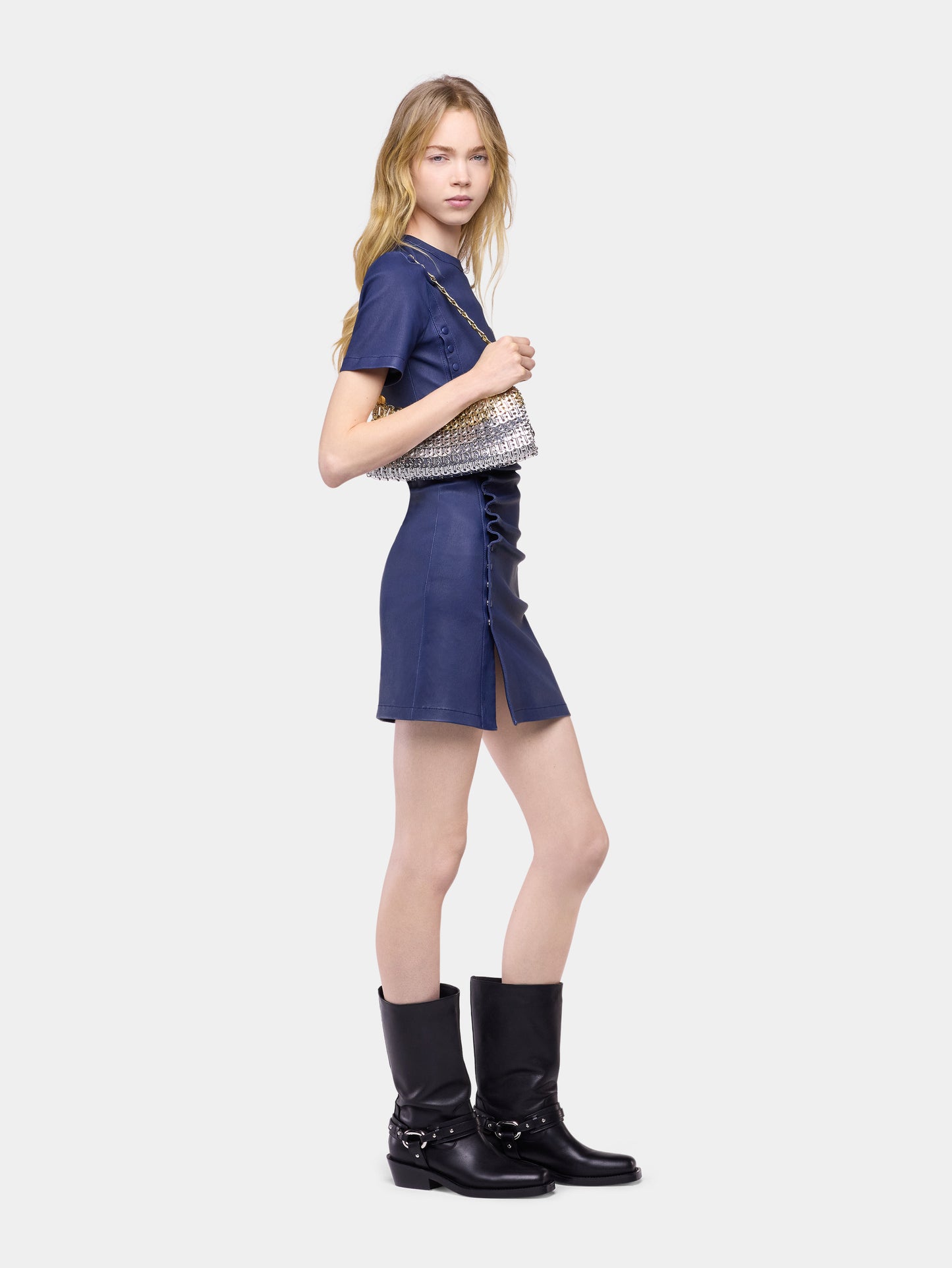 Mini robe en cuir d'agneau bleu marine 