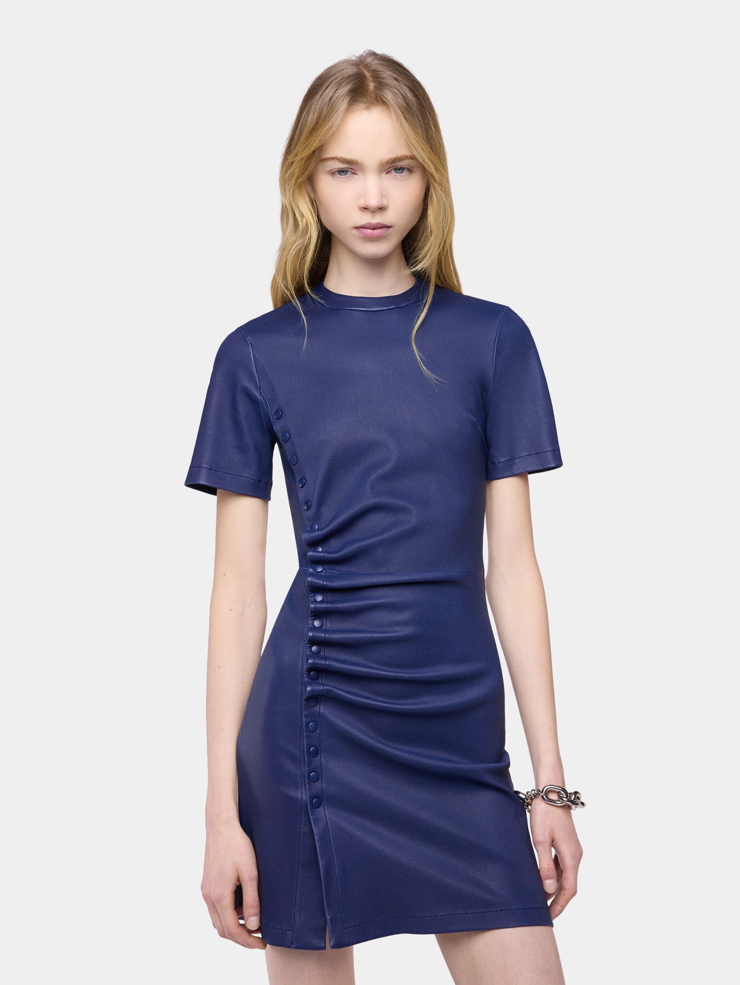Mini robe en cuir d'agneau bleu marine 