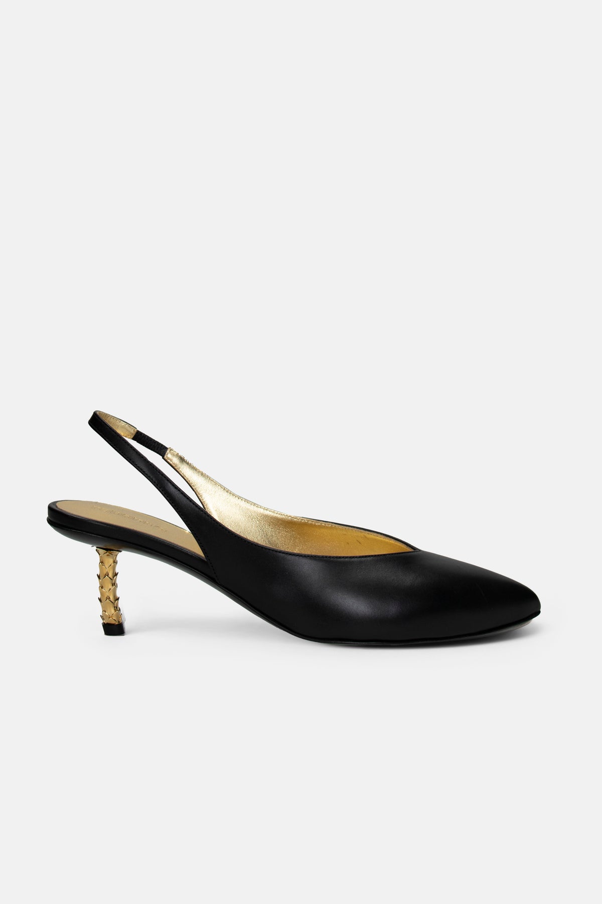 Kitten heel pumps in black leather with gold jeweled heel - Image 1