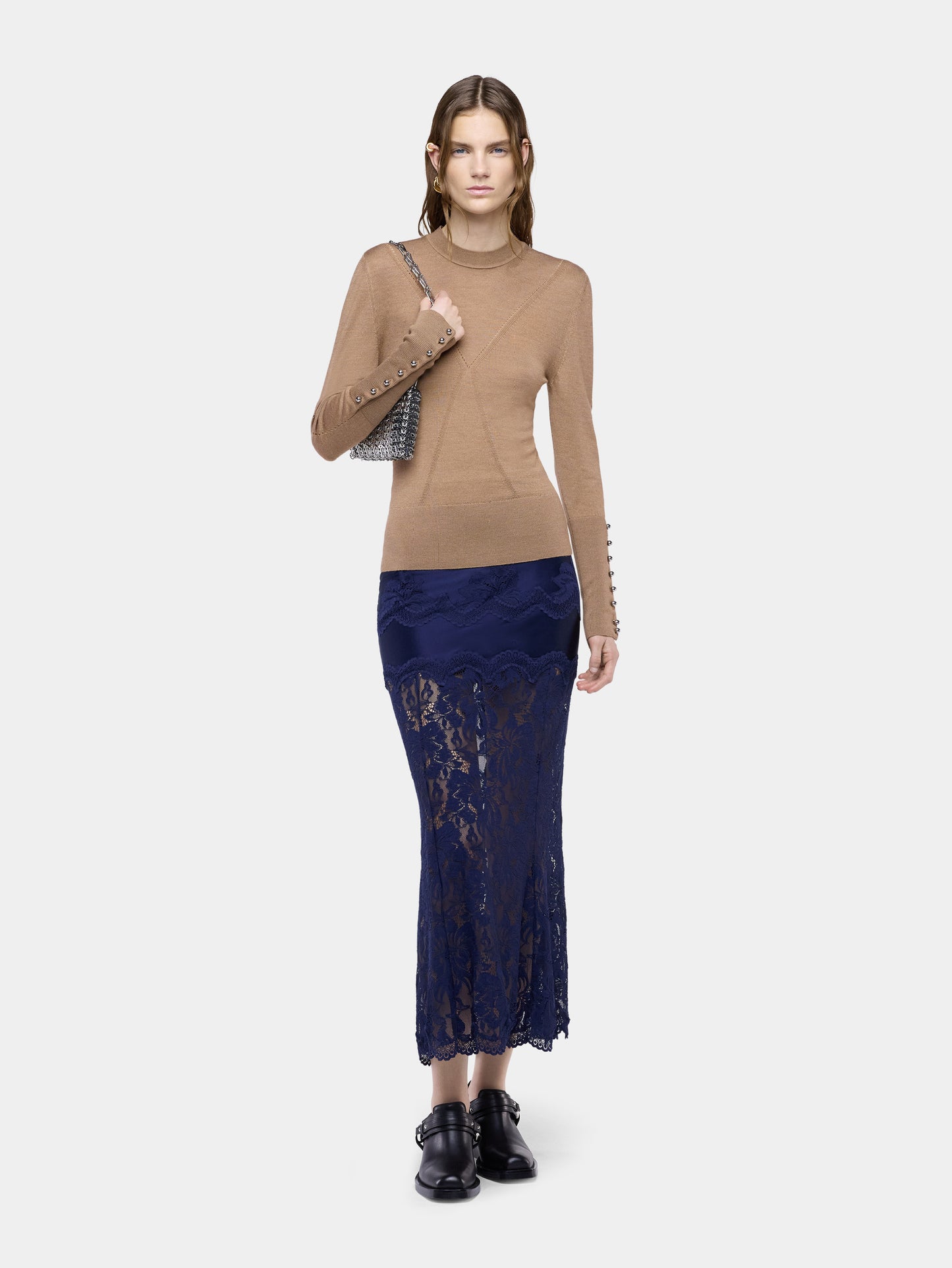 Navy midi skirt in lace and jersey