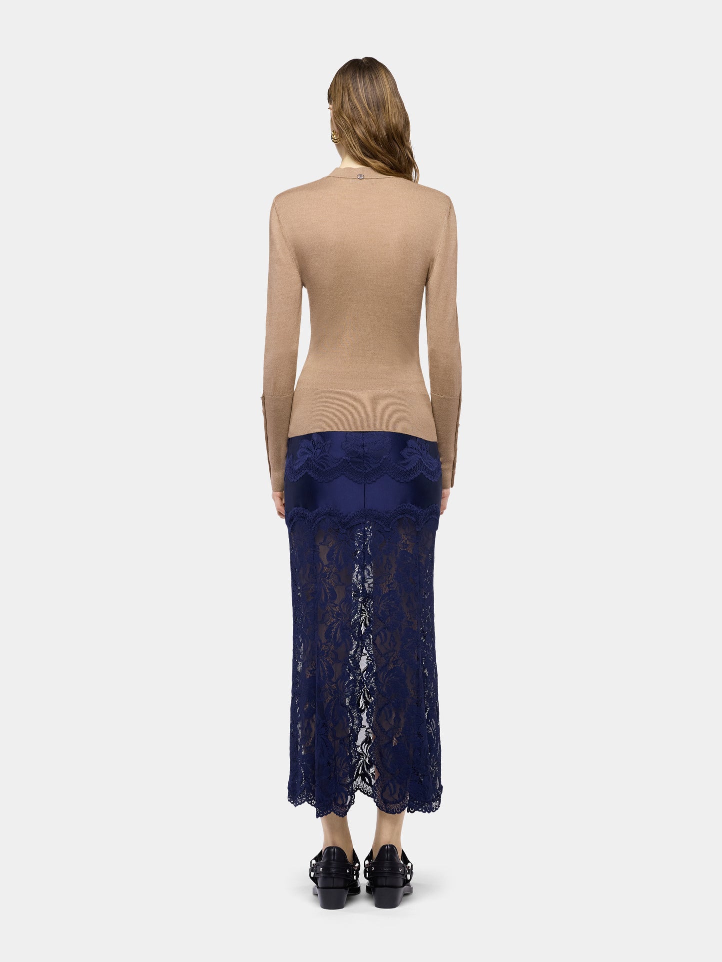 Navy midi skirt in lace and jersey