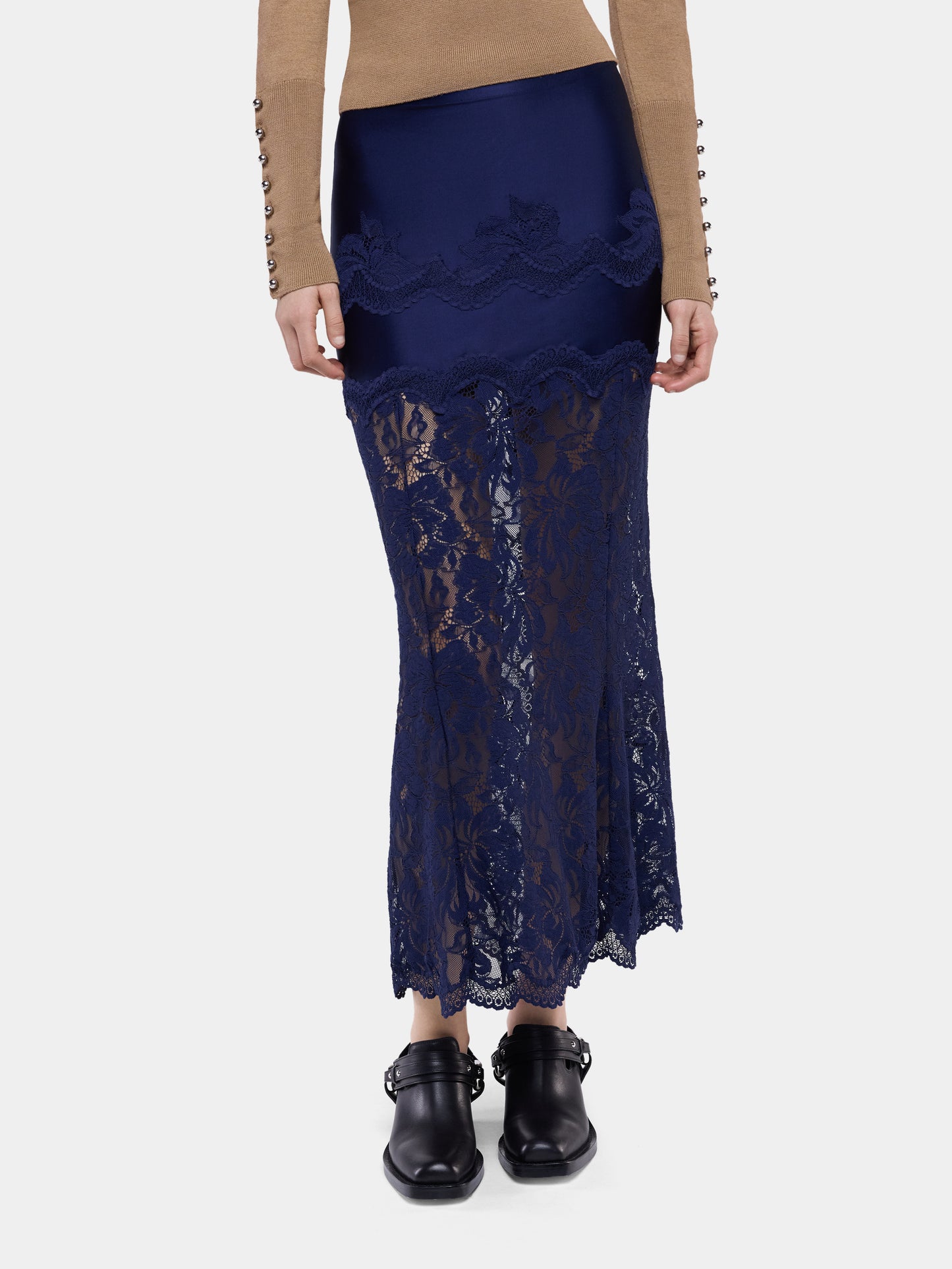 Navy midi skirt in lace and jersey