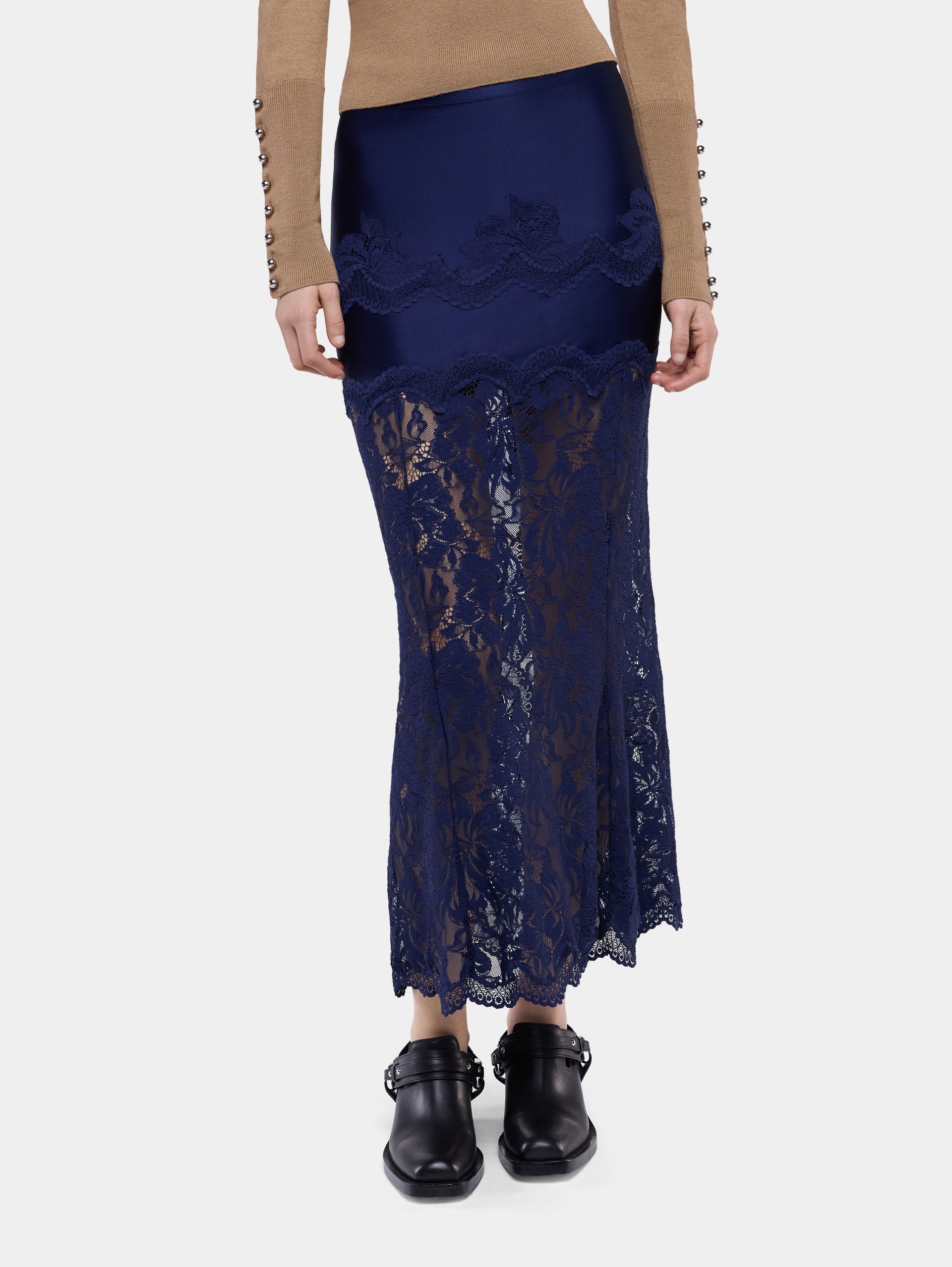 Navy midi skirt in lace and jersey