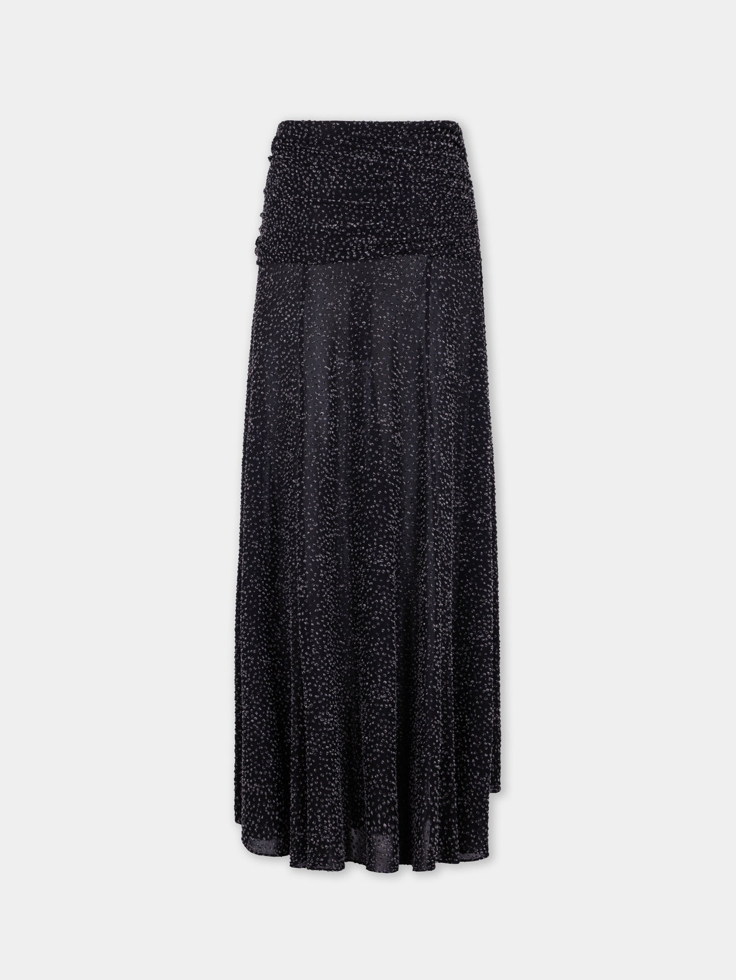 Long black textured asymmetrical skirt with ruched details