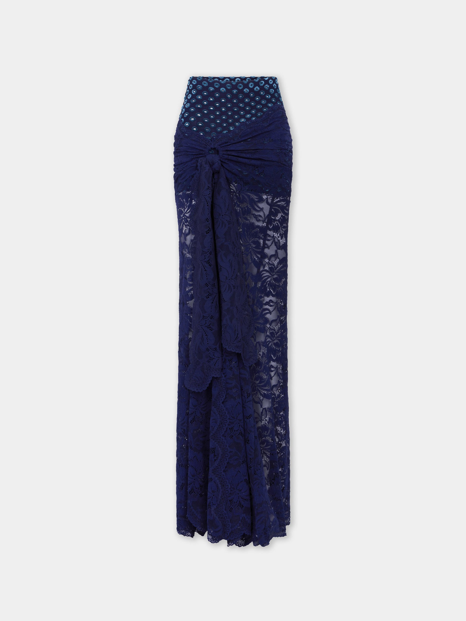 Long navy blue trompe-l'œil lace skirt - Image 1