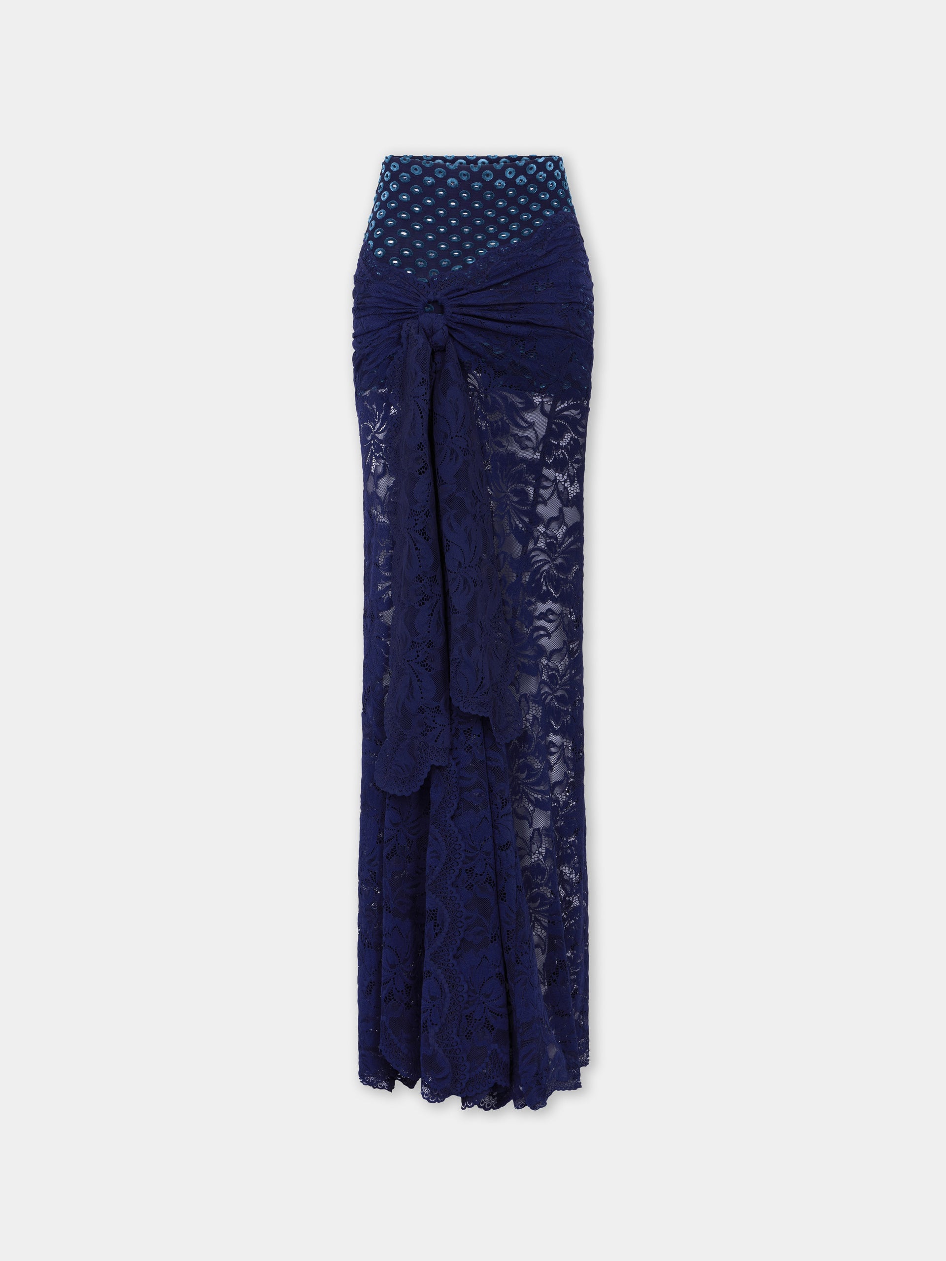 Long navy blue trompe-l'œil lace skirt