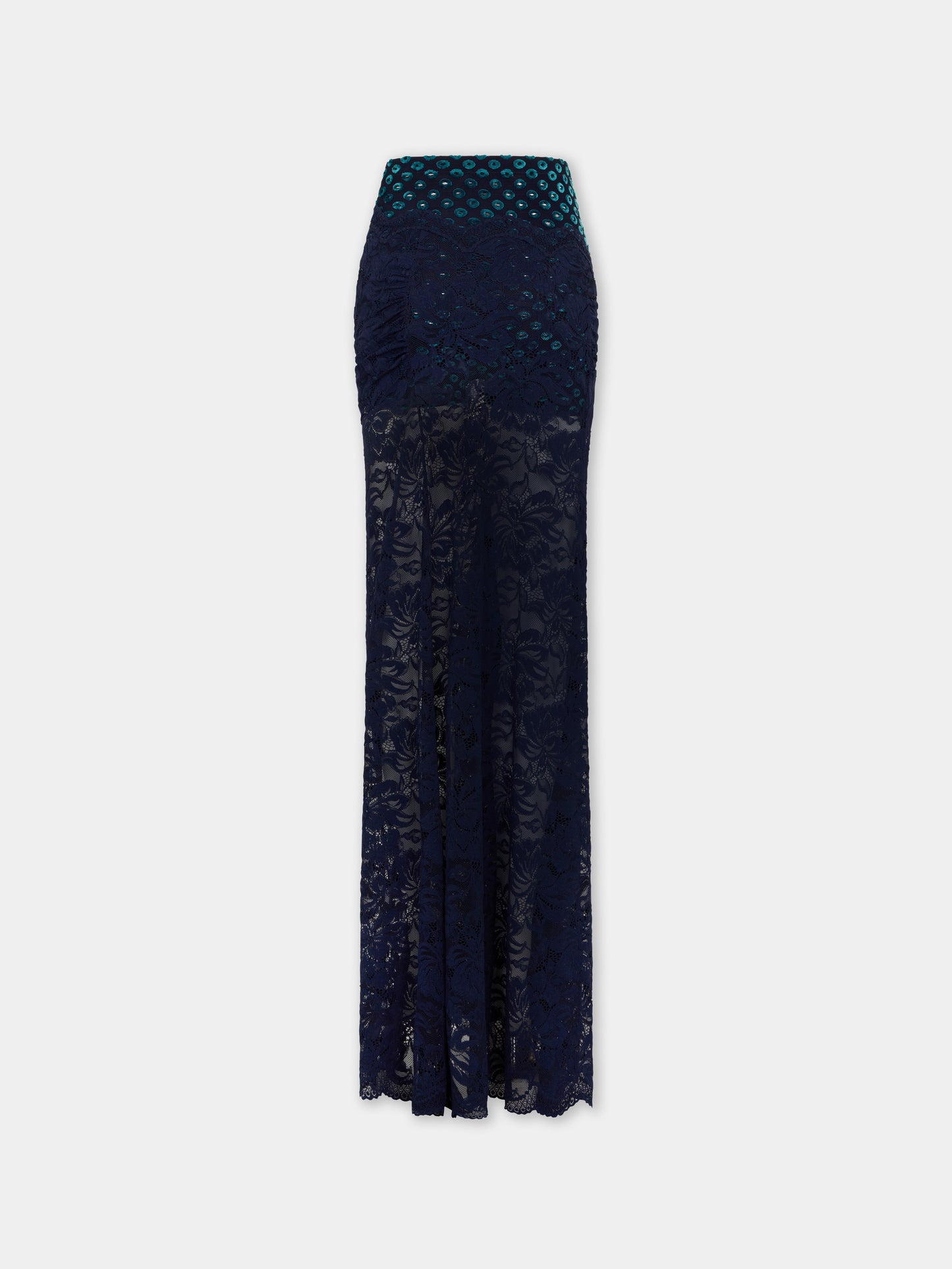 Longue jupe bleu marine en dentelle trompe-l'œil 