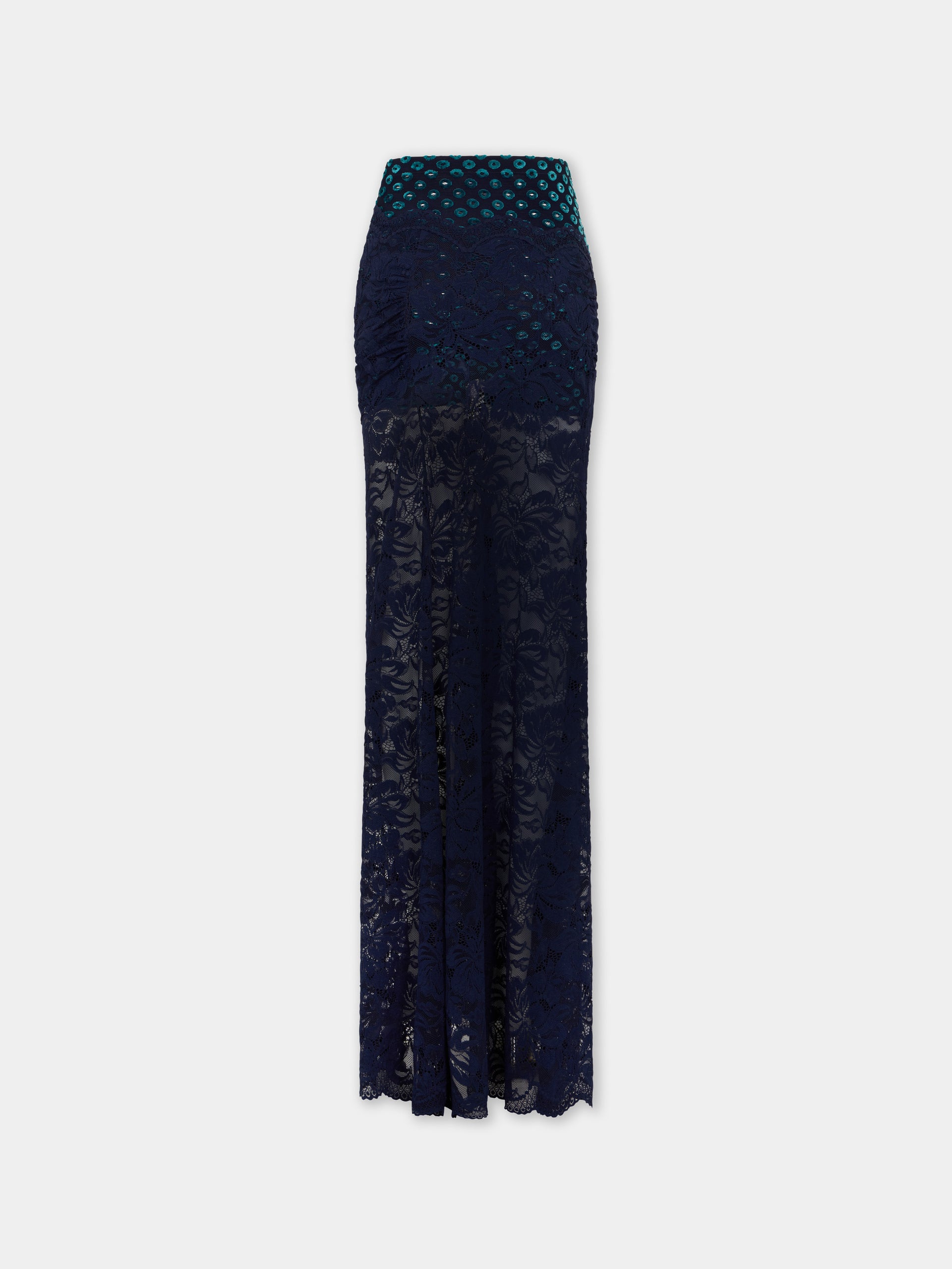 Longue jupe bleu marine en dentelle trompe-l'œil 