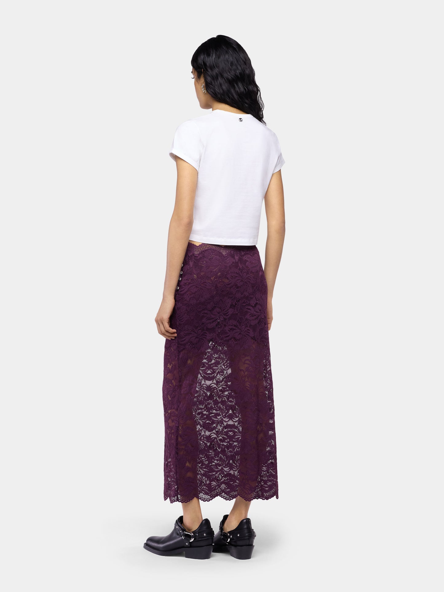 Midi skirt in magenta layered lace