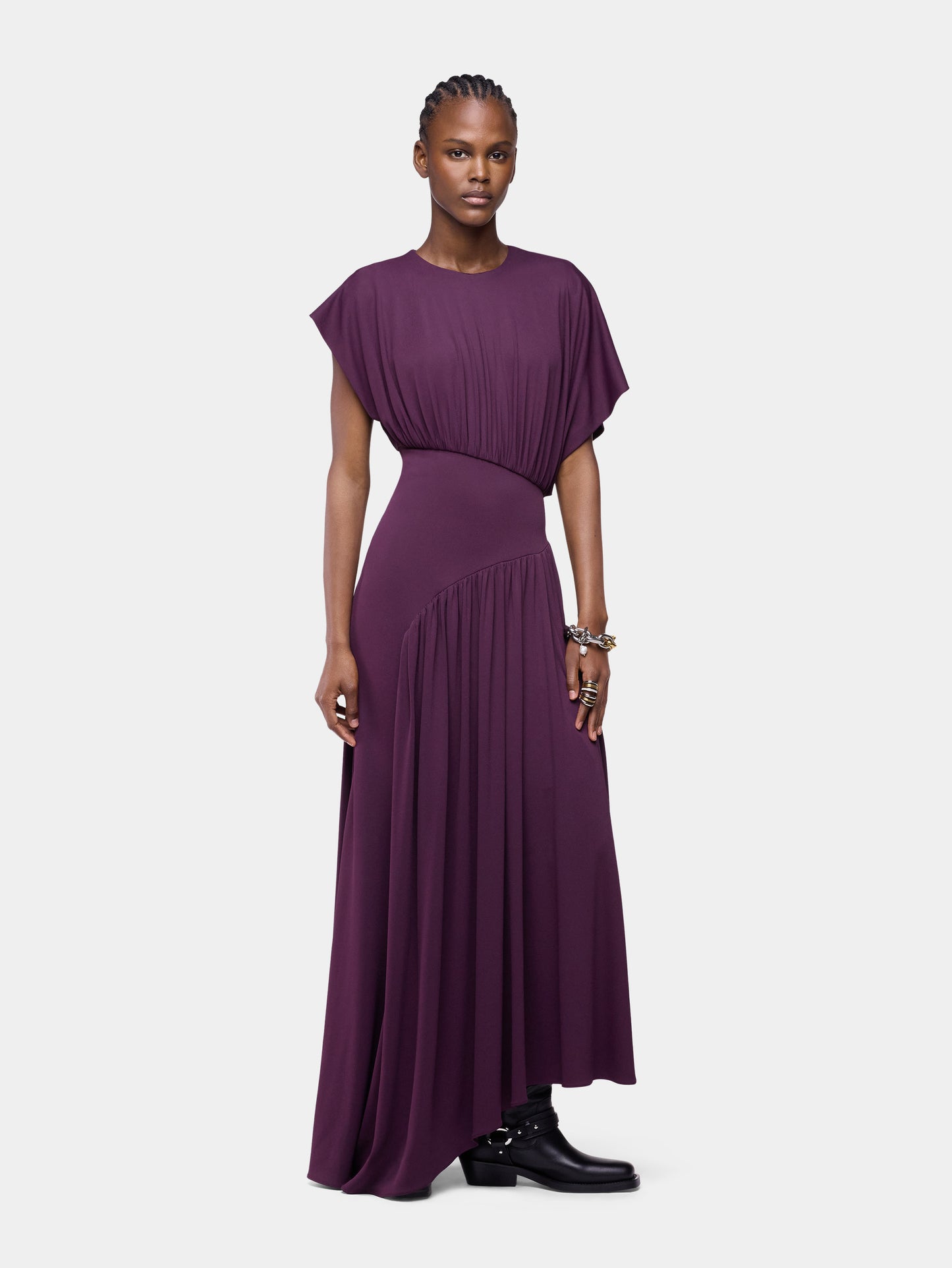 Long magenta asymmetrical dress with ruched details