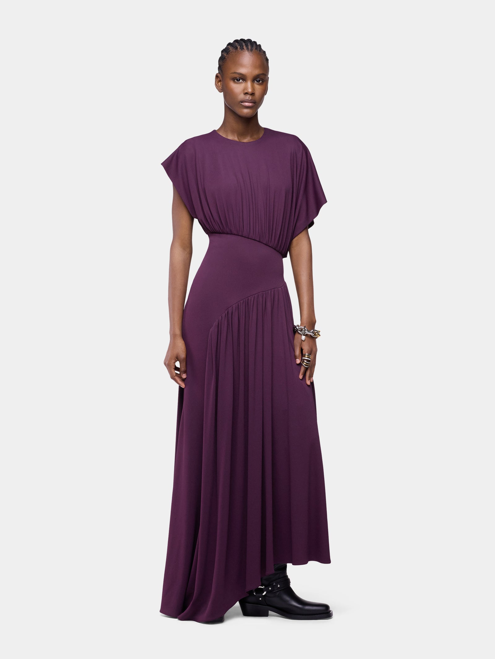 Long magenta asymmetrical dress with ruched details - Image 2