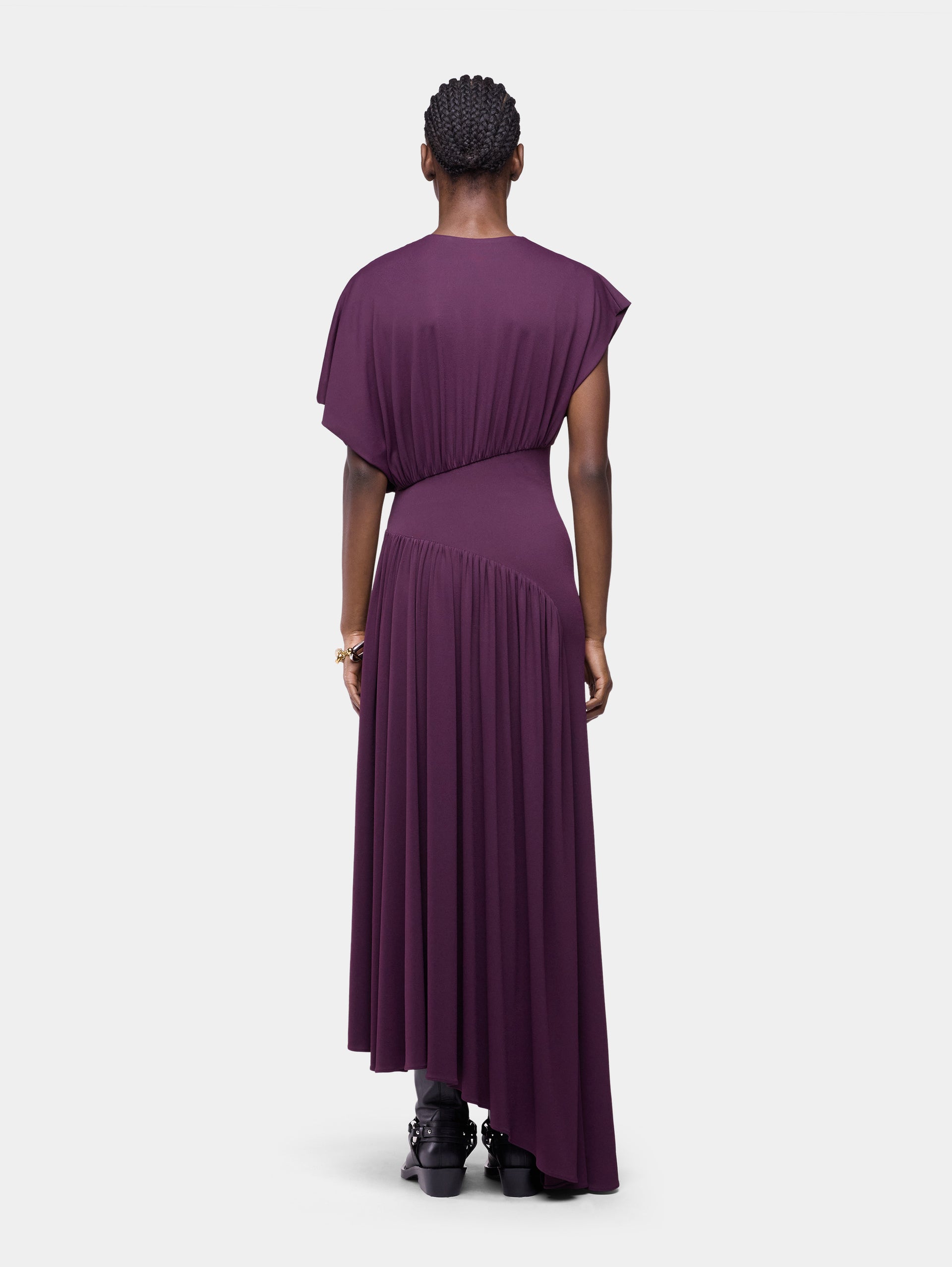 Long magenta asymmetrical dress with ruched details