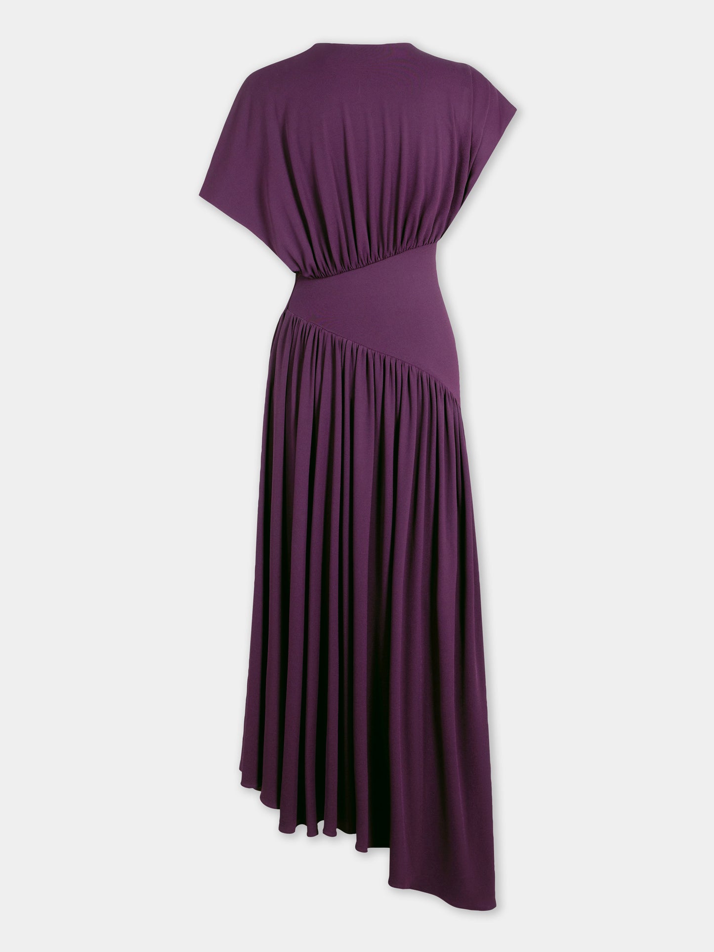 Long magenta asymmetrical dress with ruched details