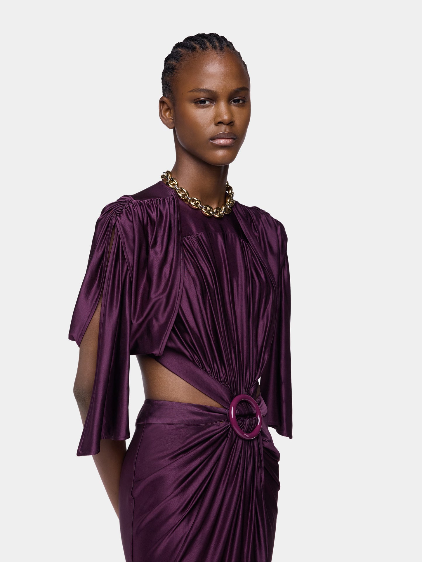 Midi magenta asymmetrical dress with ruched details