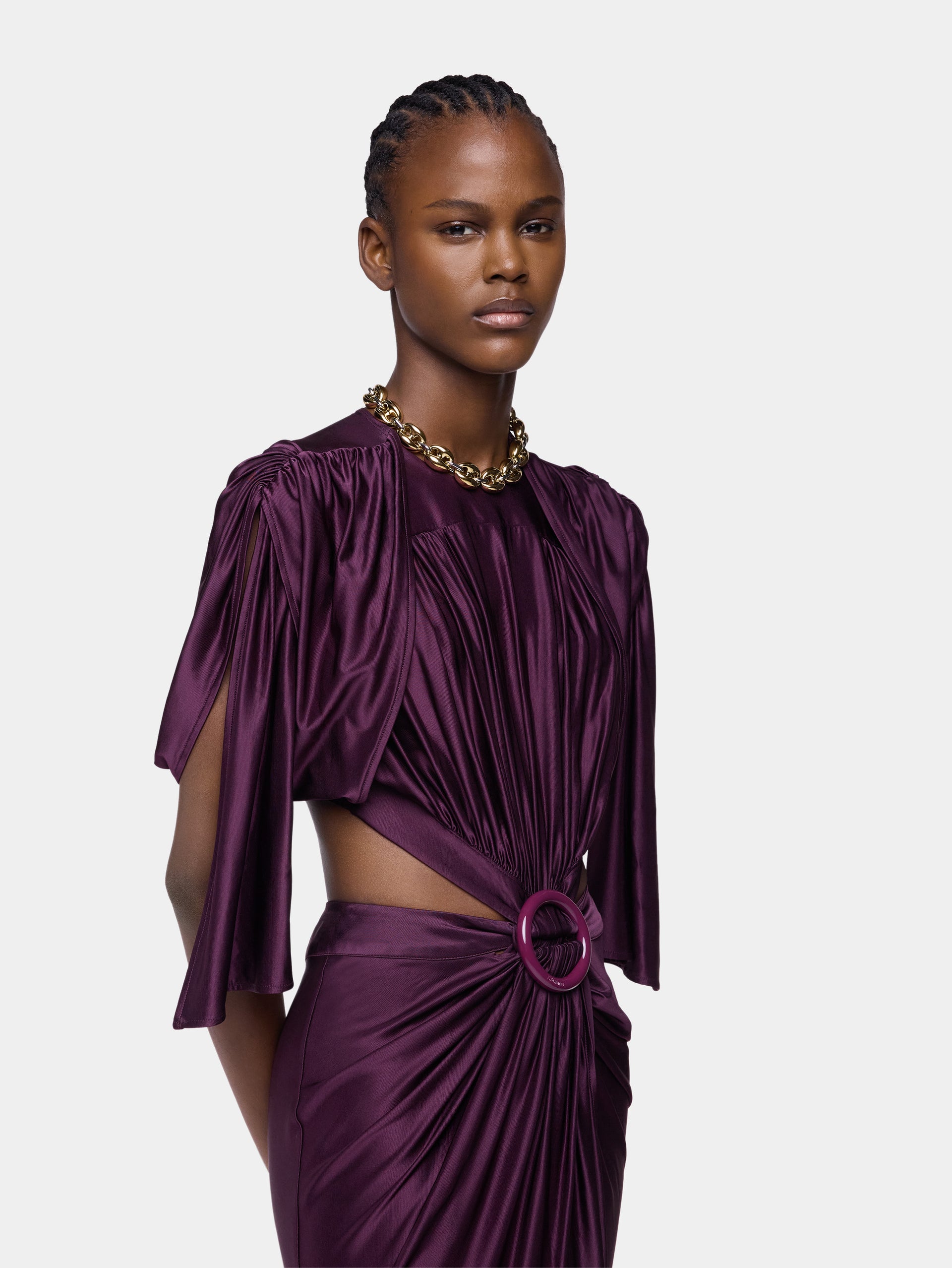 Midi magenta asymmetrical dress with ruched details