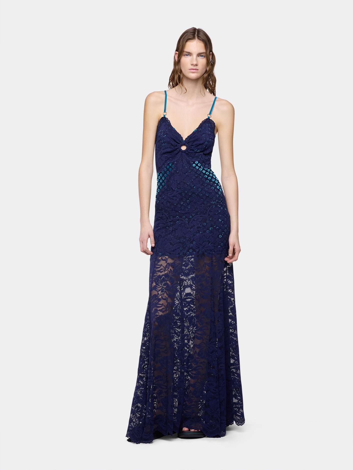 Long navy blue trompe-l'œil lace dress – Rabanne