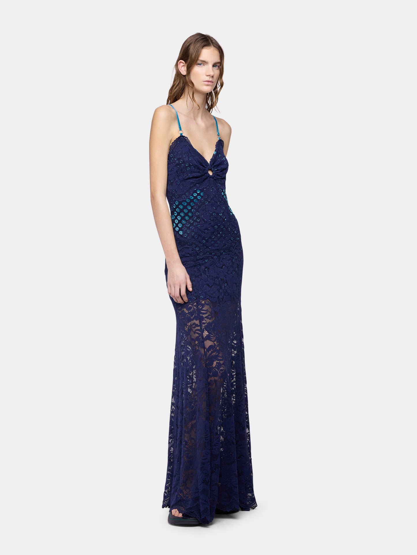 Long navy blue trompe-l'il lace dress Rabanne Long navy blue trompe-l'il lace dress Rabanne