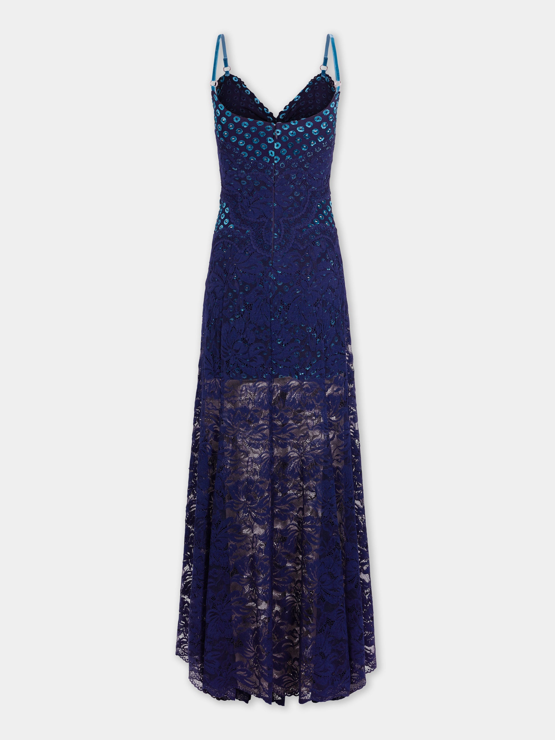 Longue robe bleu marine en dentelle trompe-l'œil 