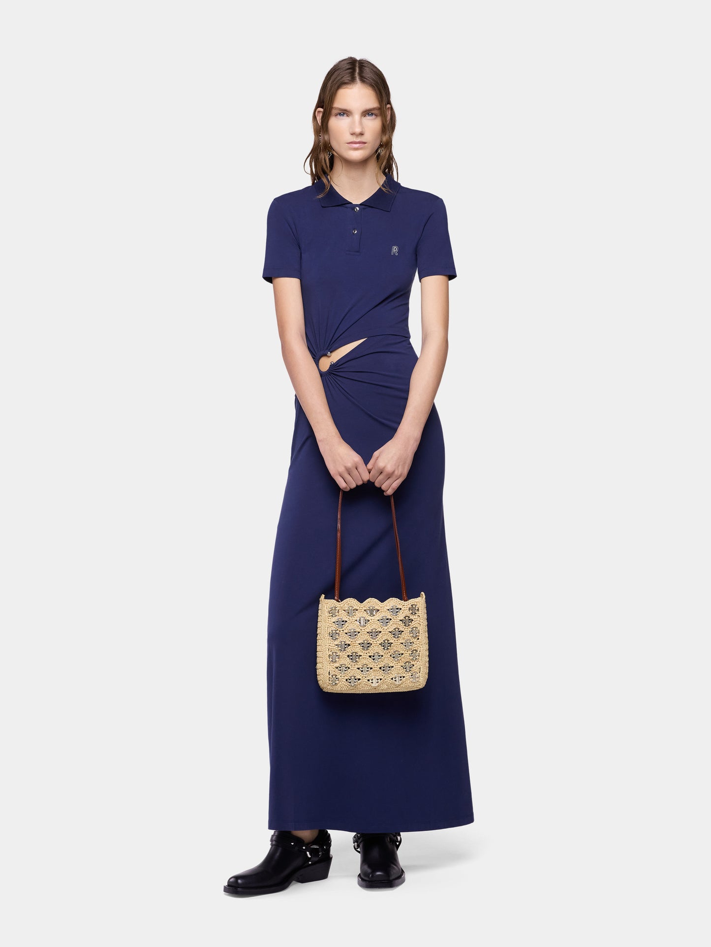 Long navy blue piercing dress in cotton jersey