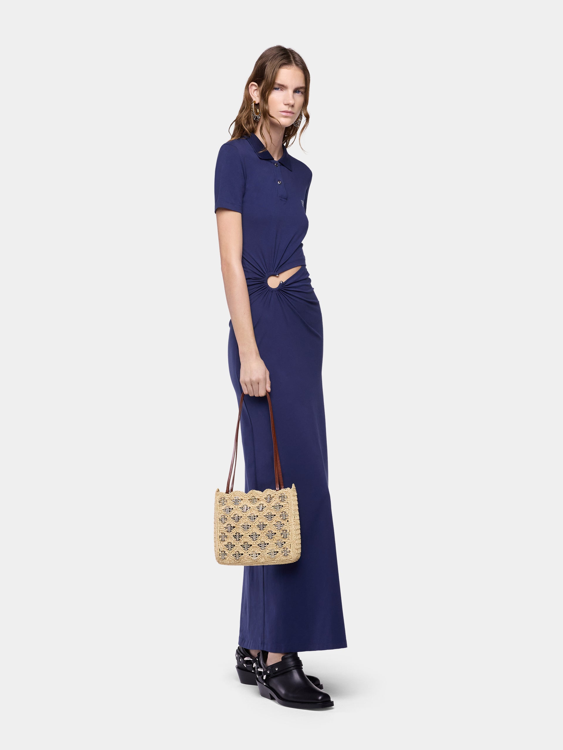 Long navy blue piercing dress in cotton jersey