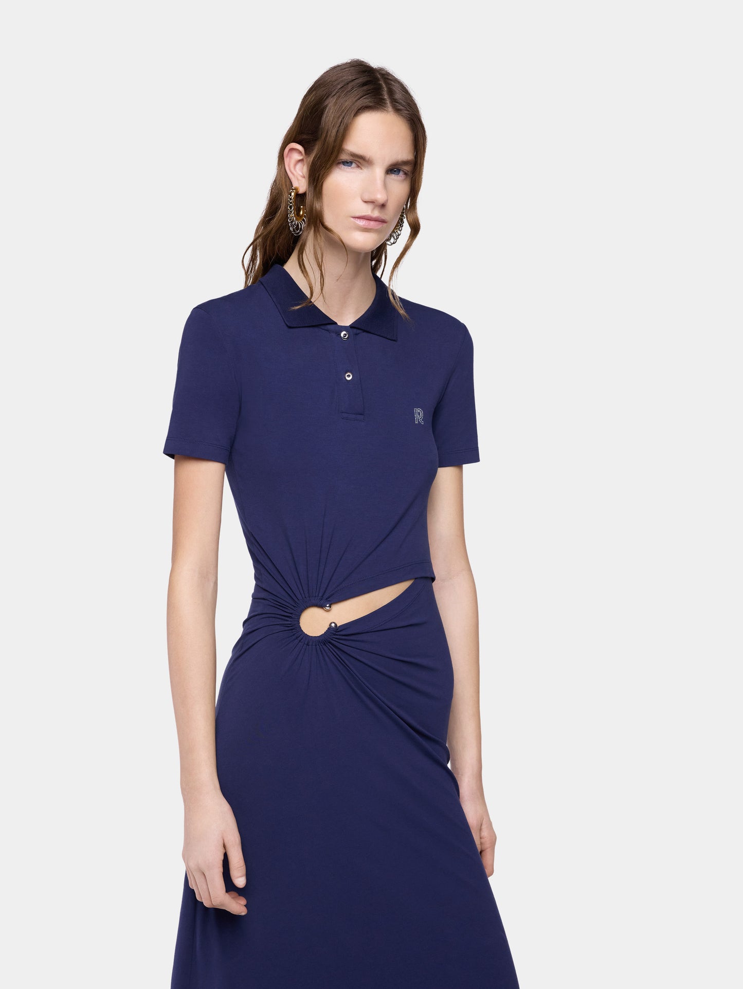 Long navy blue piercing dress in cotton jersey