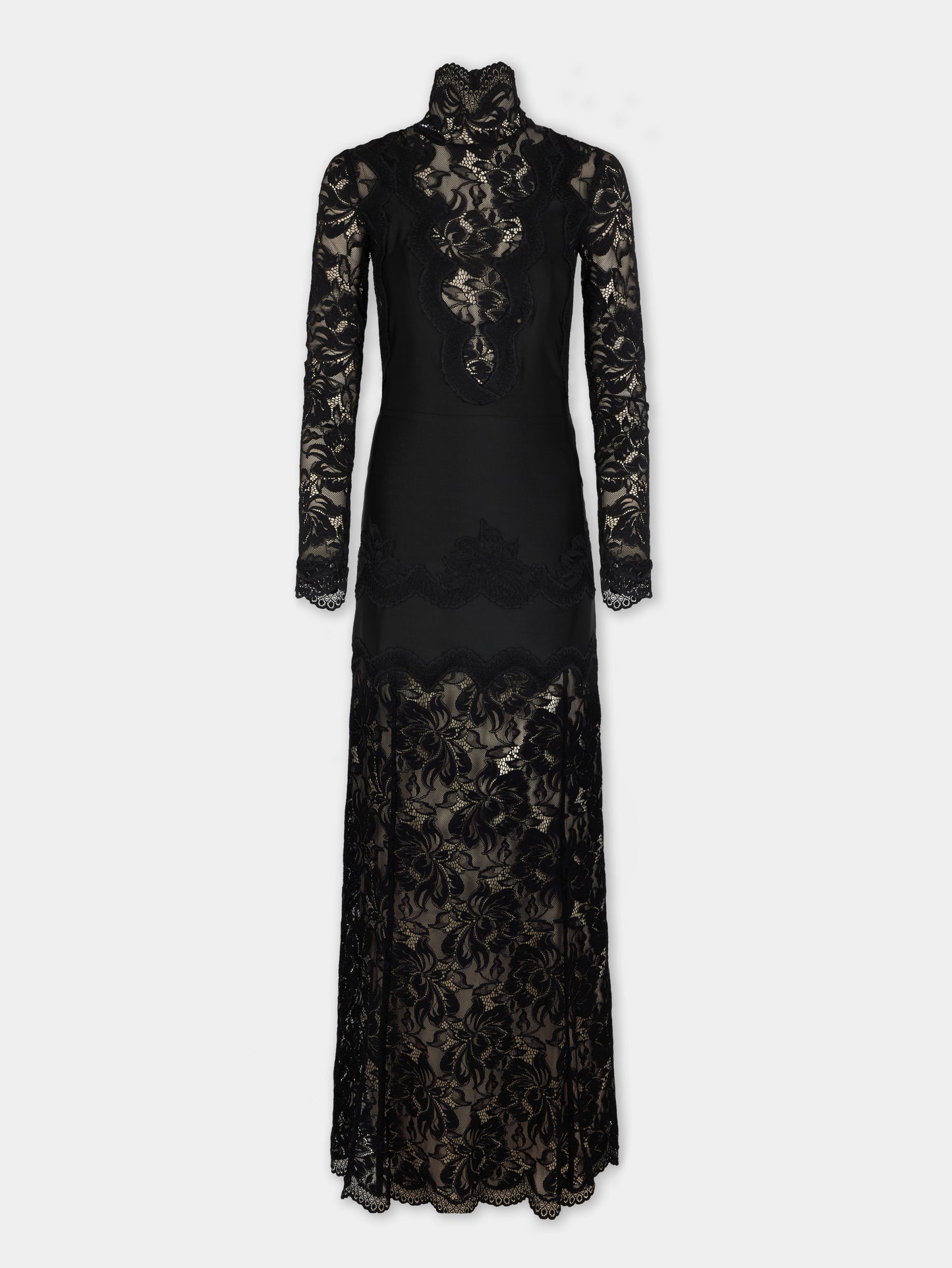 Black long dress in lace and jersey