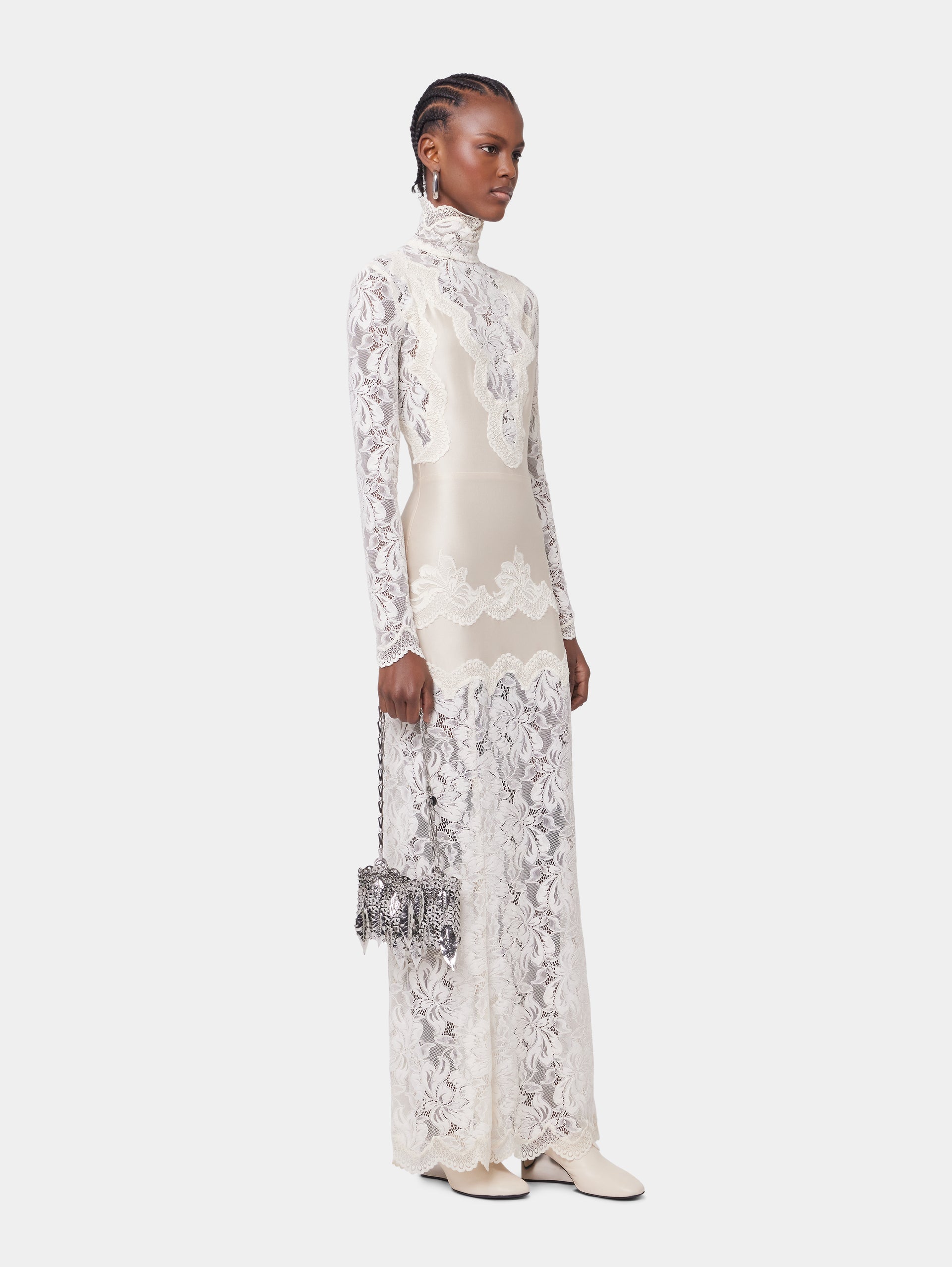 Rabanne - Ivory Long Dress In Lace And Jersey - T46 - Women - Long Dress Rabanne - Ivory Long Dress In Lace And Jersey - T46 - Women - Long Dress