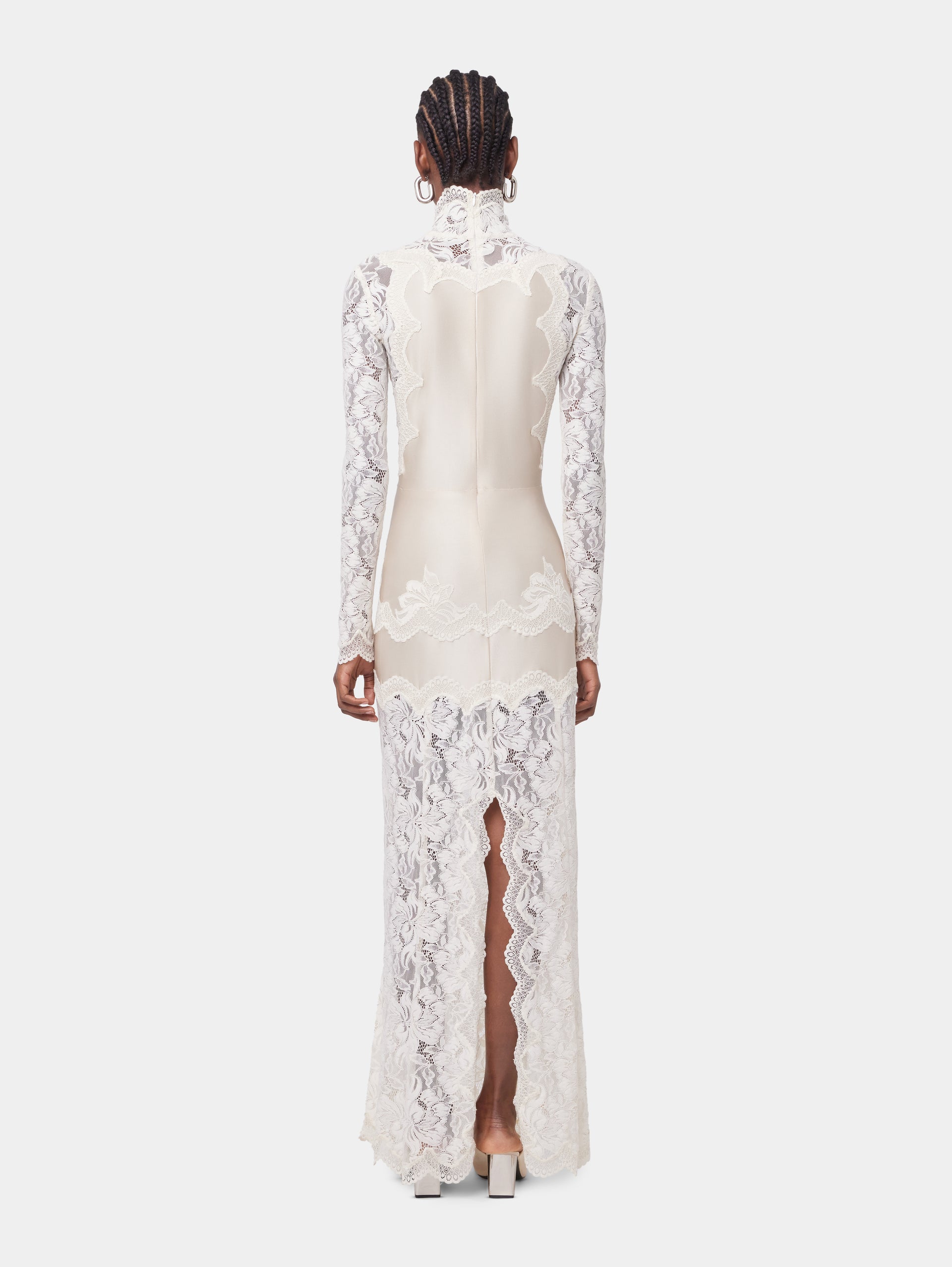 Ivory long dress in lace and jersey position 4