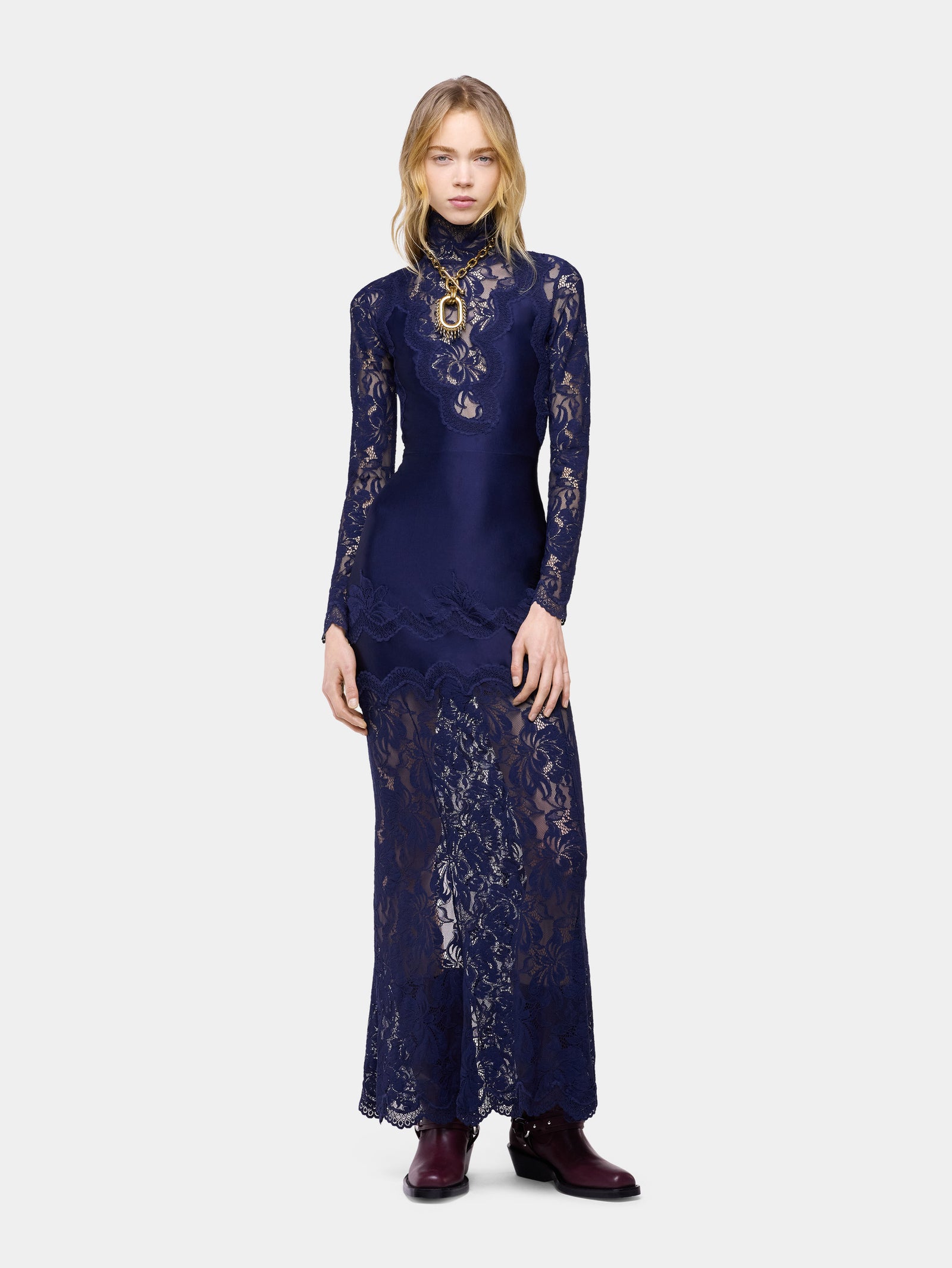 Navy long dress in lace and jersey - Image 2