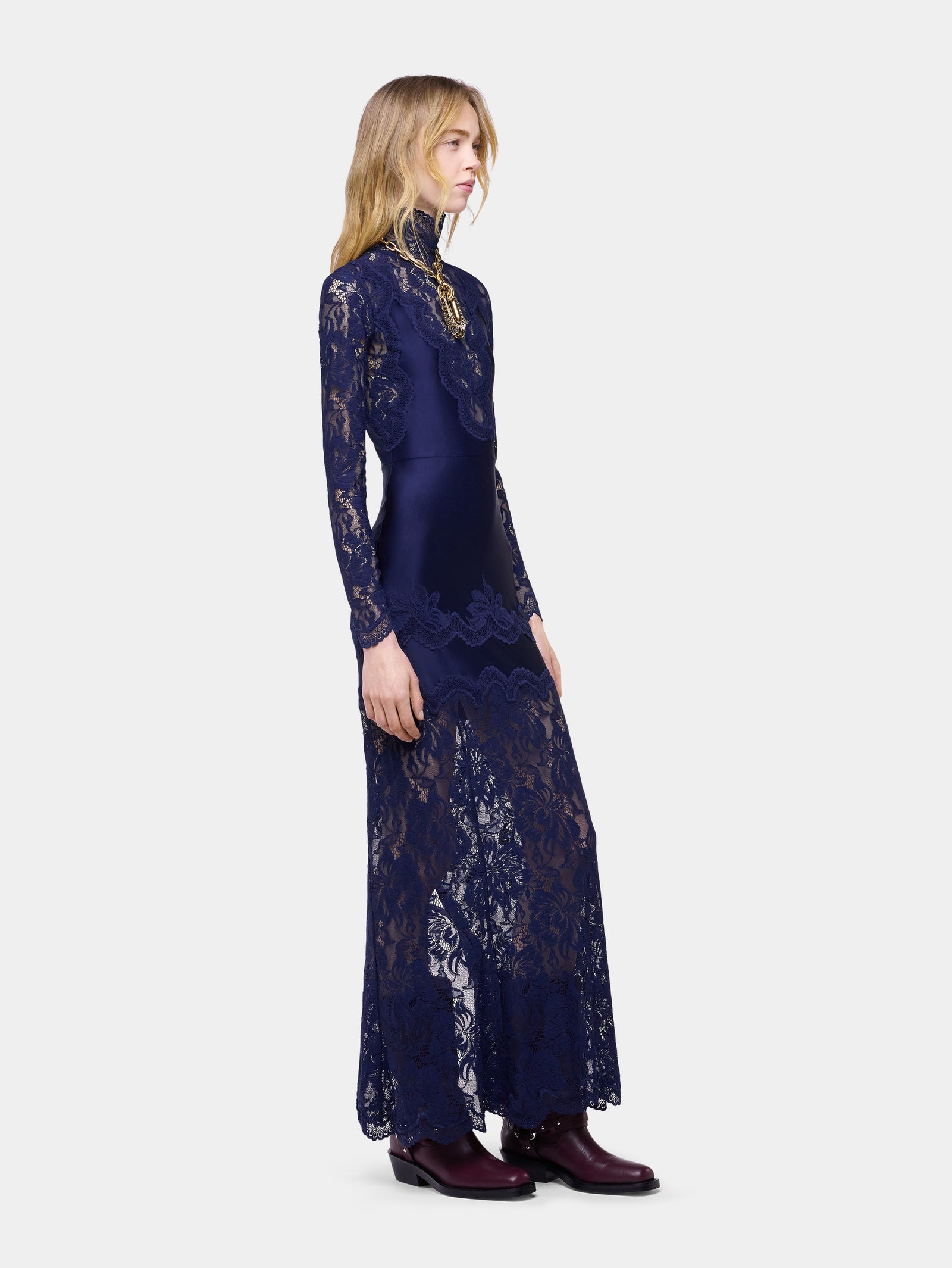 Navy long dress in lace and jersey - Image 3